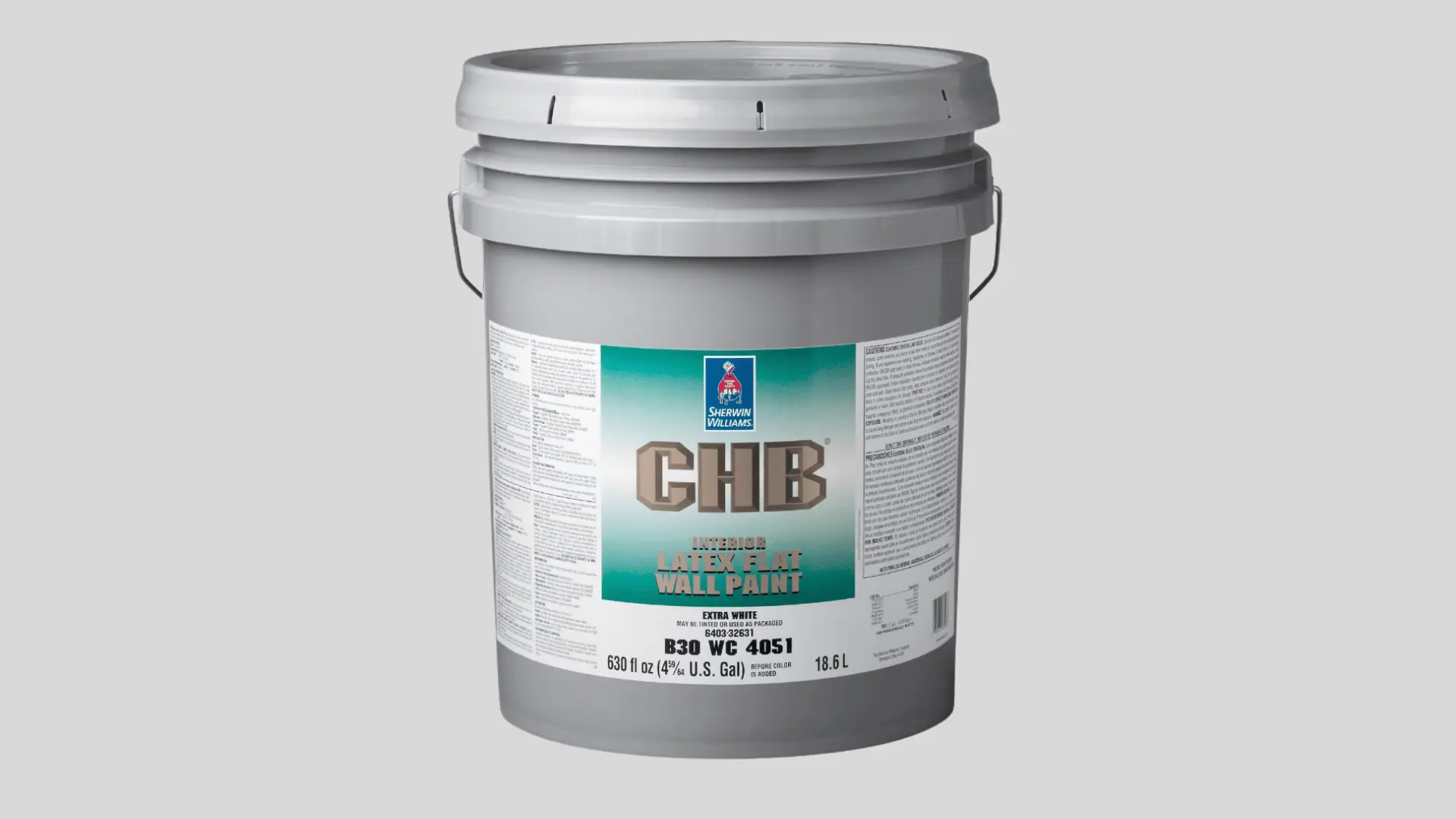 Sherwin-Williams CHB extra-white interior latex flat wall paint in a five-gallon container.