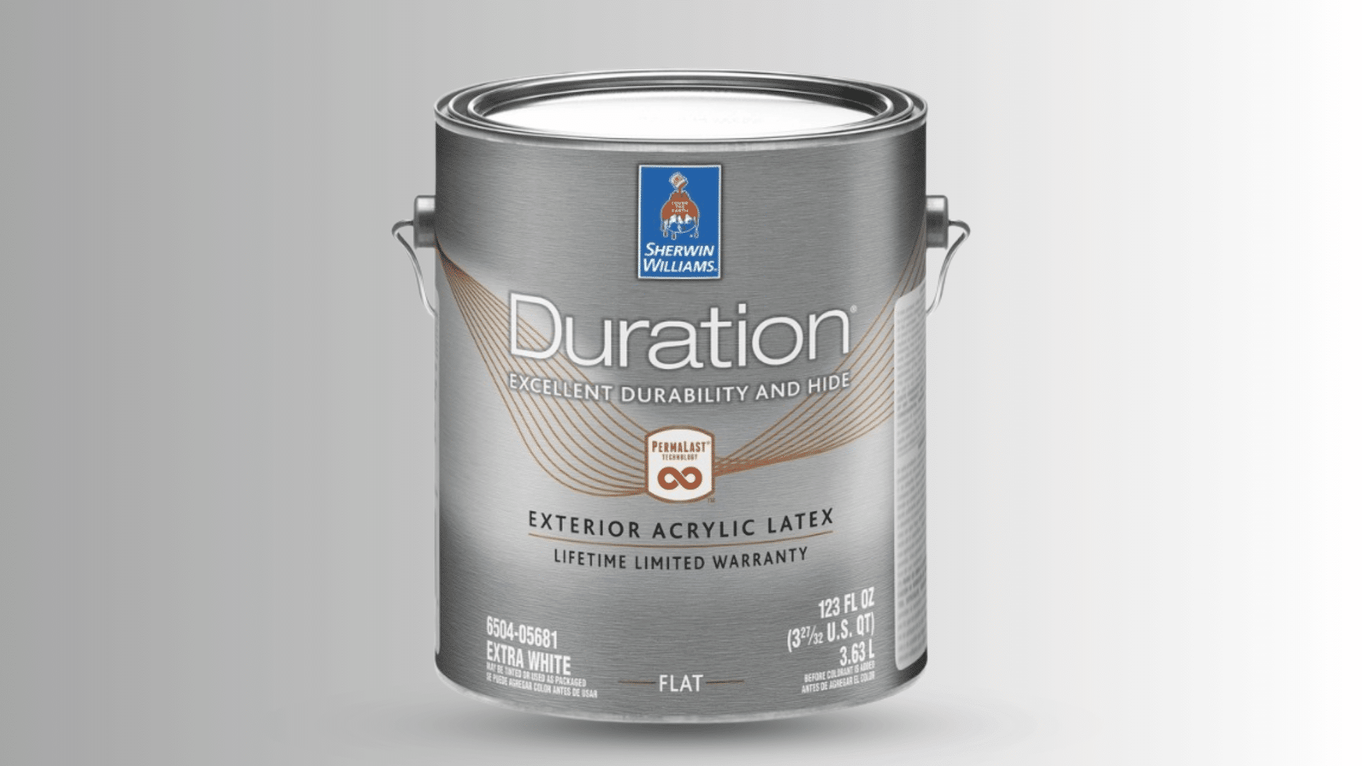 Sherwin-Williams Duration exterior acrylic latex flat paint can.