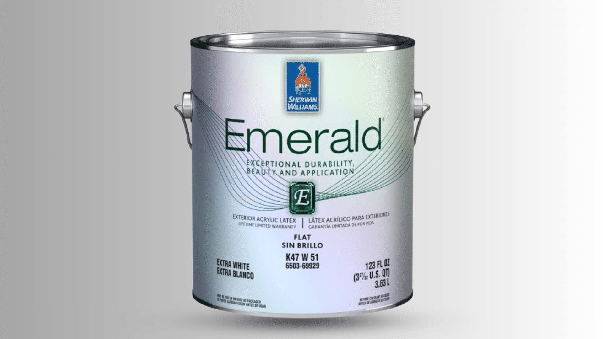 Sherwin-Williams Emerald exterior acrylic latex flat paint can.