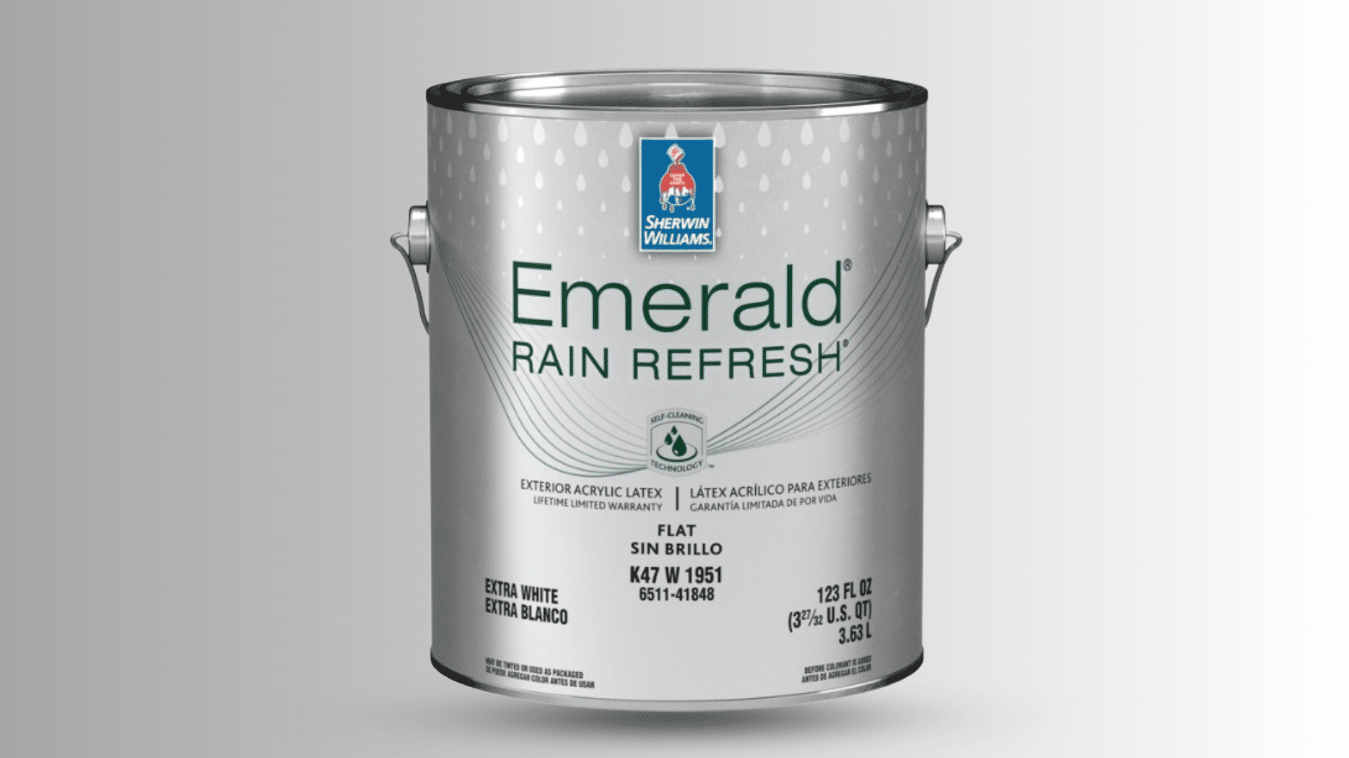 Sherwin-Williams Emerald Rain Refresh exterior acrylic latex paint can.