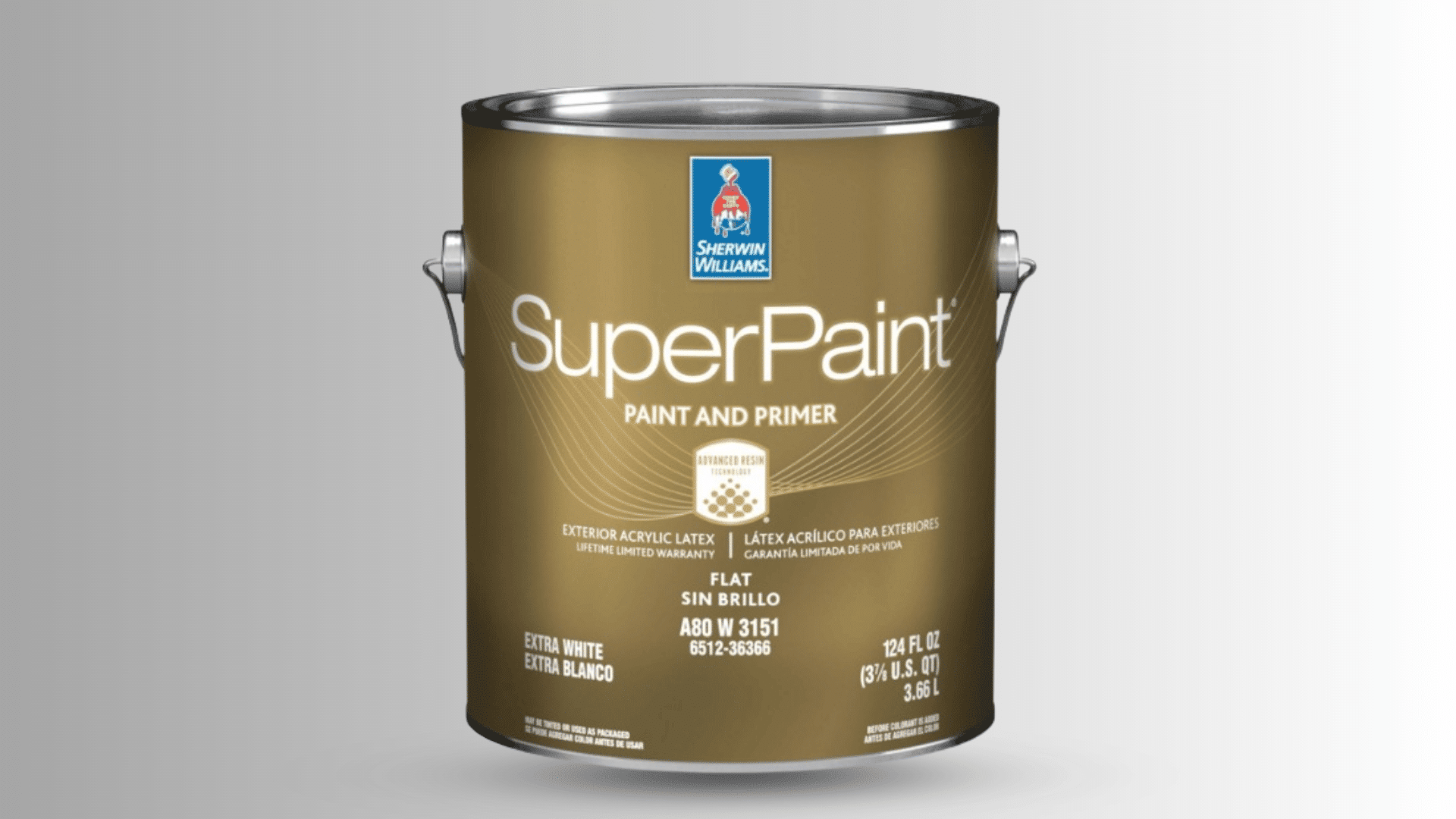 Sherwin-Williams SuperPaint exterior acrylic latex paint and primer can.