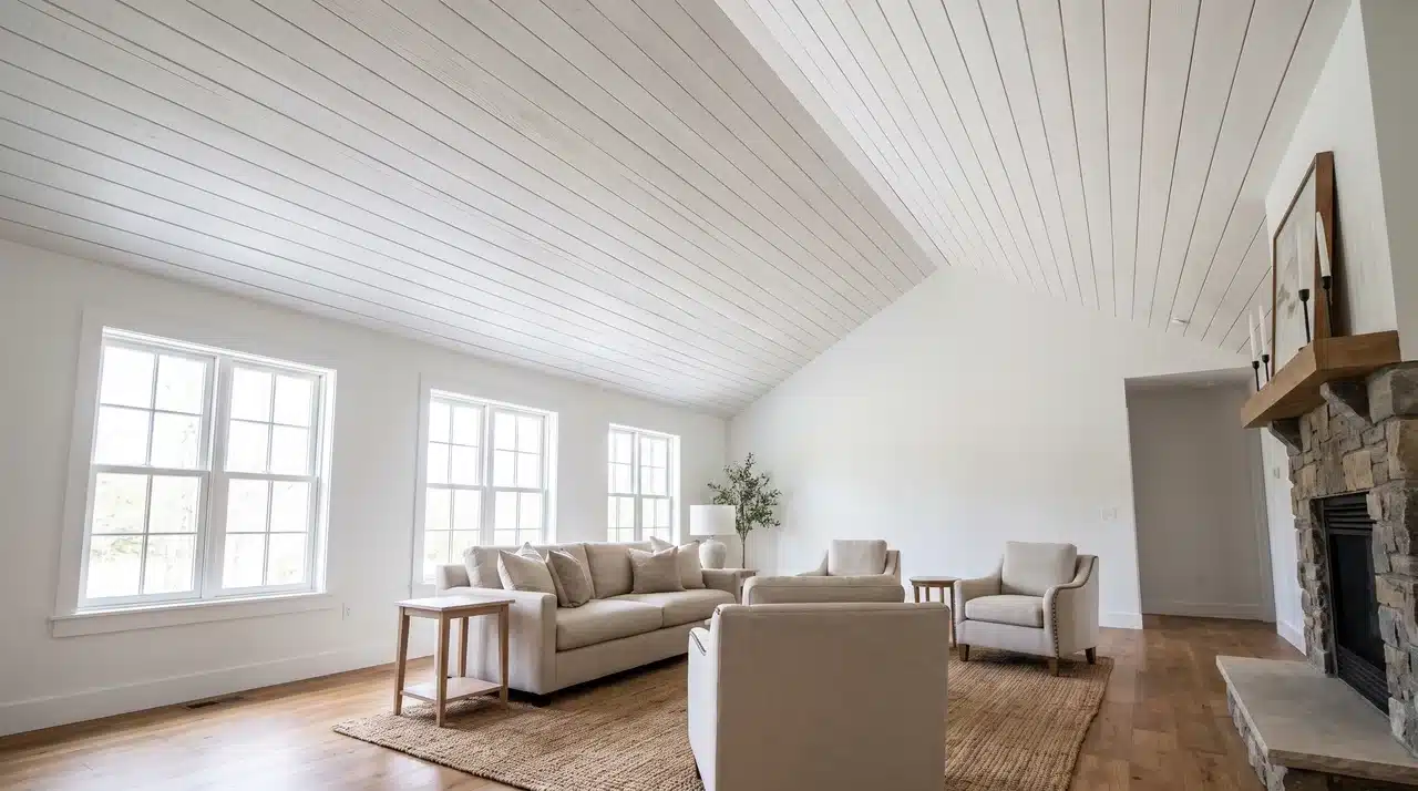 Modern farmhouse vaulted ceiling living room with horizontal white shiplap boards moderating vertical emphasis in bright natural daylight.