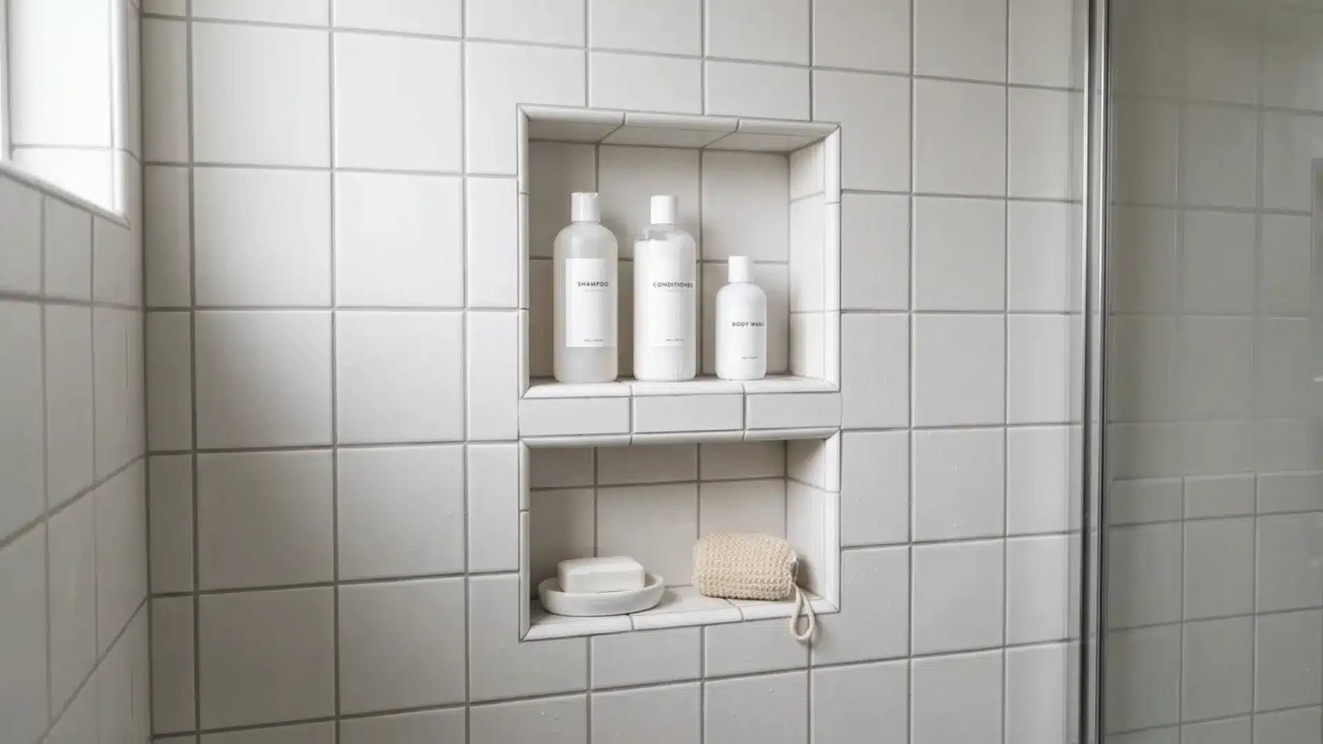 Built-in shower niche inside tiled bathroom wall