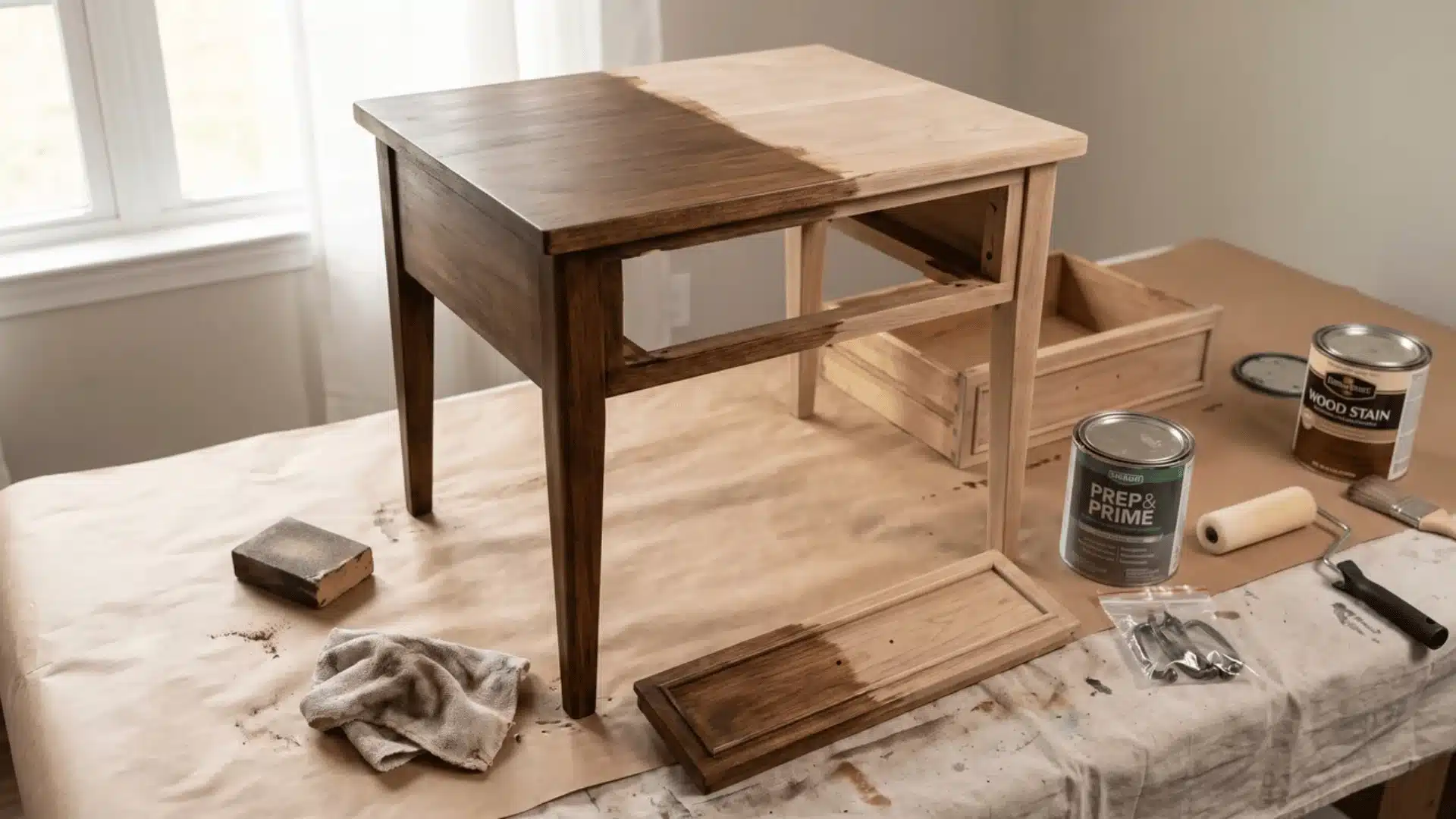 Small side table partly refinished with drawers removed beside sandpaper, primer, paint, brush, and replacement hardware