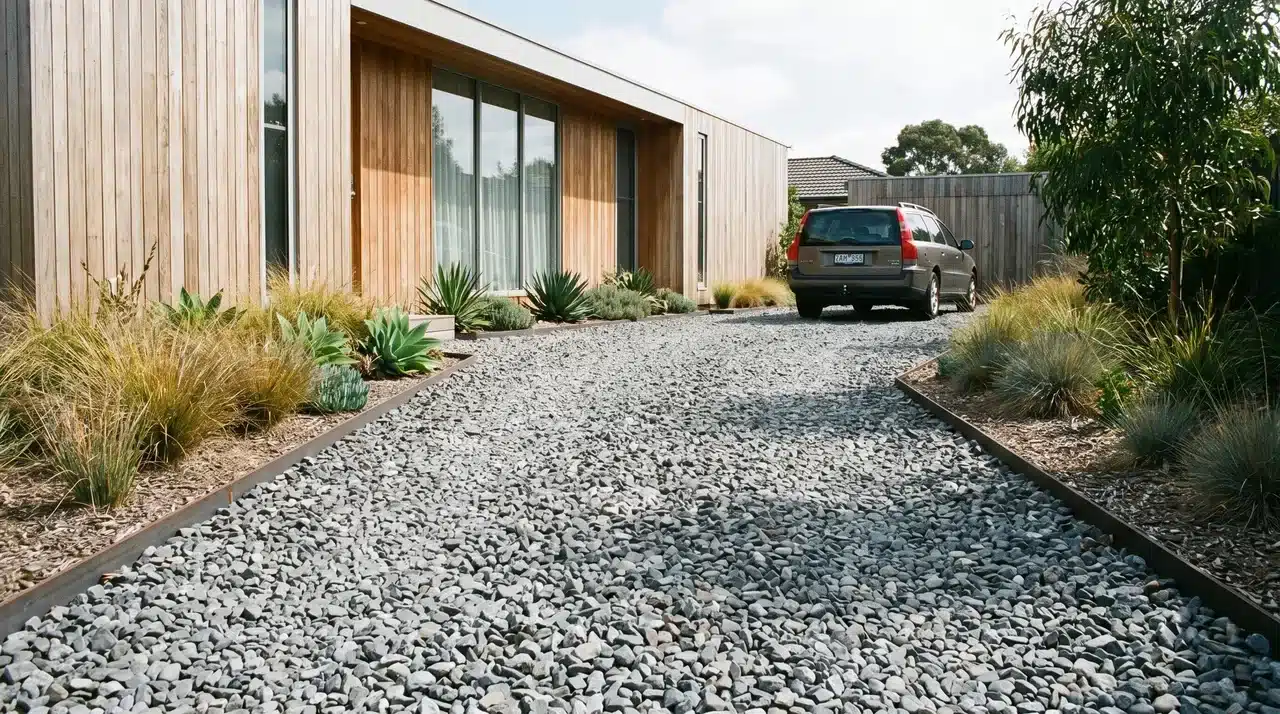 Simple modern gravel driveway with gray stones, landscaped borders, wooden home exterior, and parked car.
