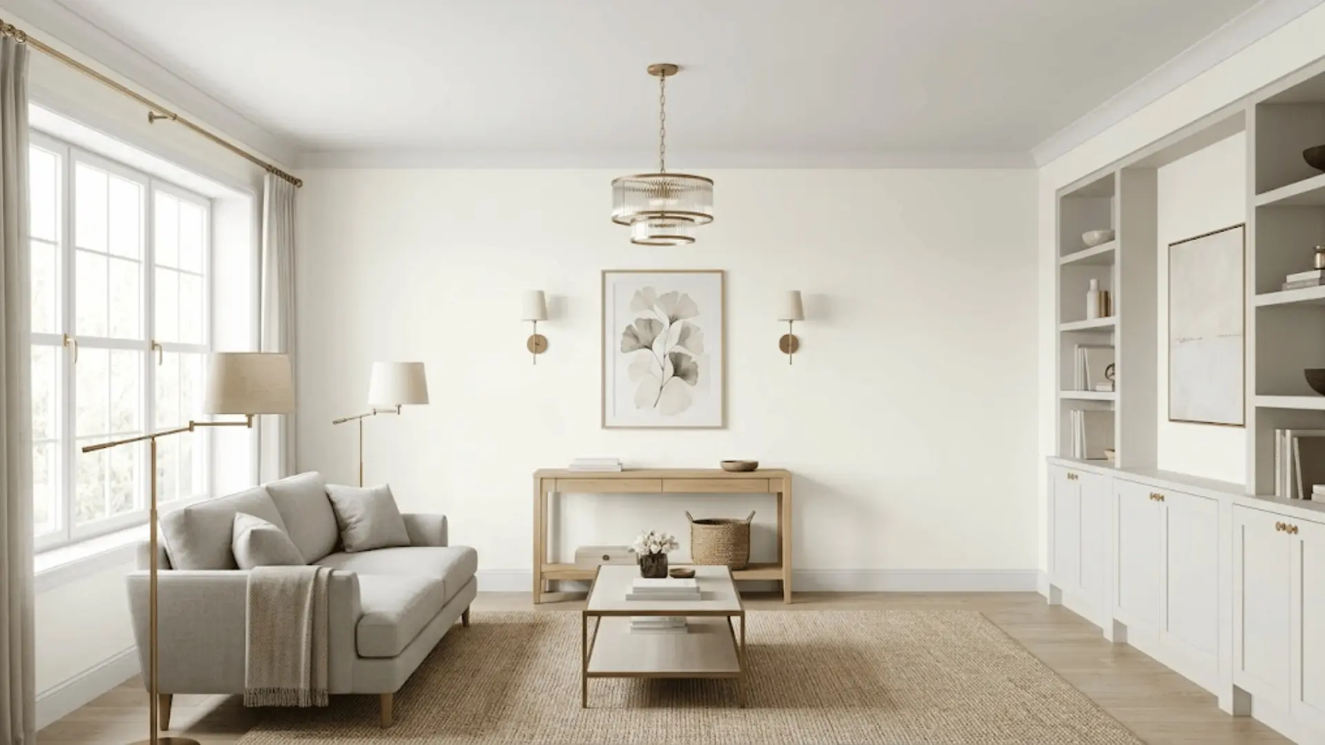 Open-plan room with warm white walls and brass fixtures