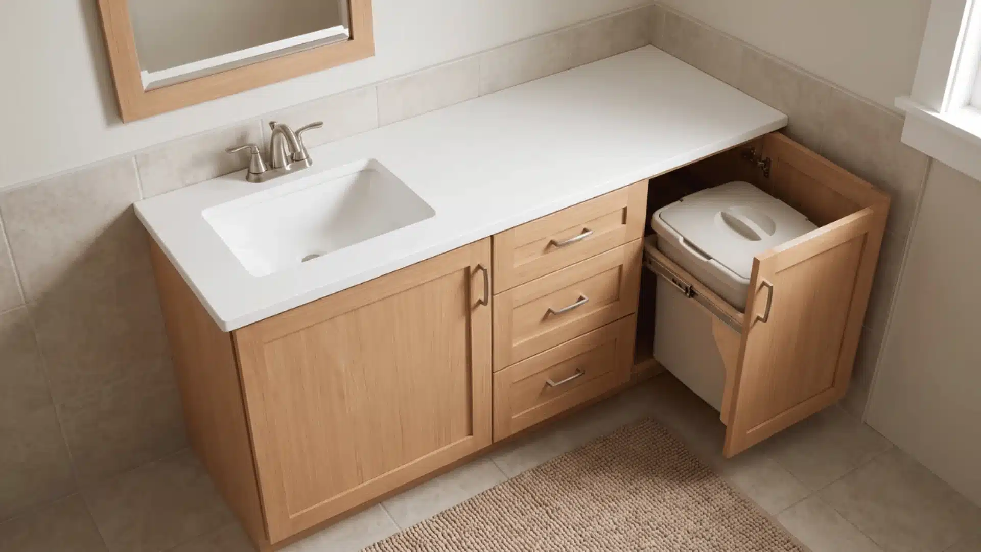 Single-sink vanity with drawers, waste bin, and open counter space in a small bathroom