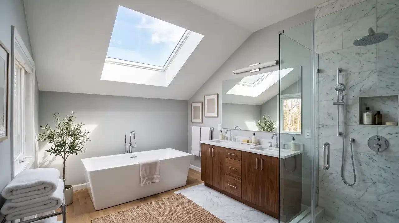 Modern bathroom illuminated by a ceiling skylight with soft natural daylight filling the space over sink and shower area
