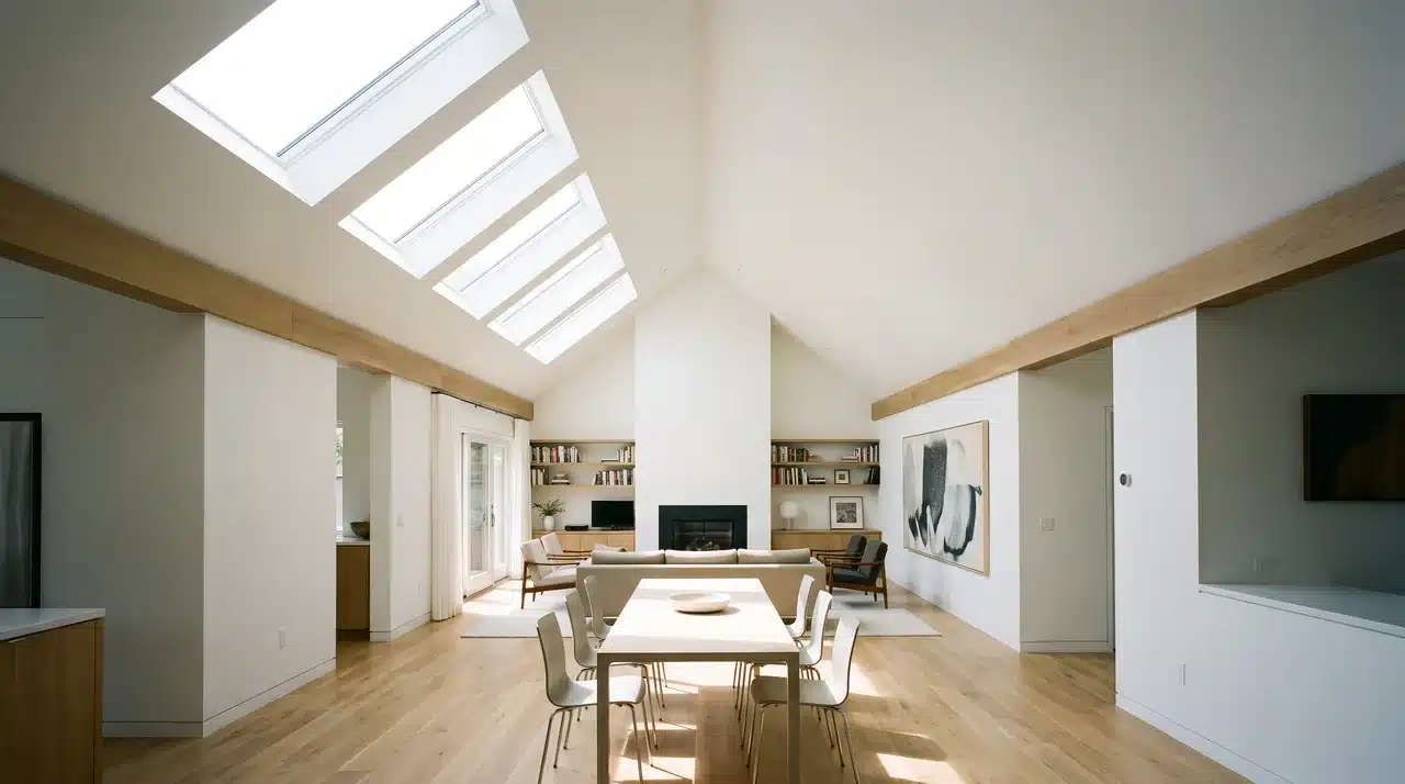 Modern vaulted ceiling living dining room with three flush skylights flooding upper vault zone with bright natural daylight from above.