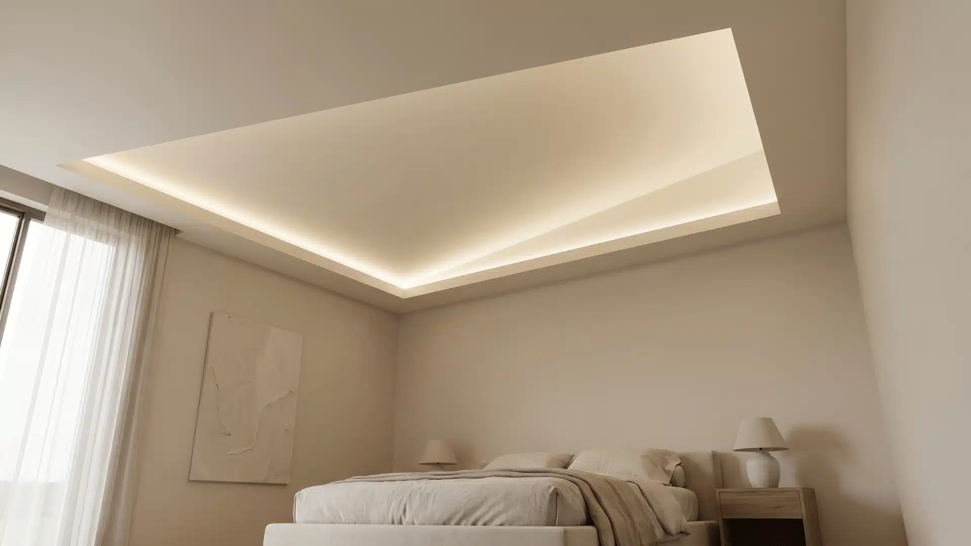 Slanted tray ceiling with soft lighting following the angled recessed surface in a modern bedroom.