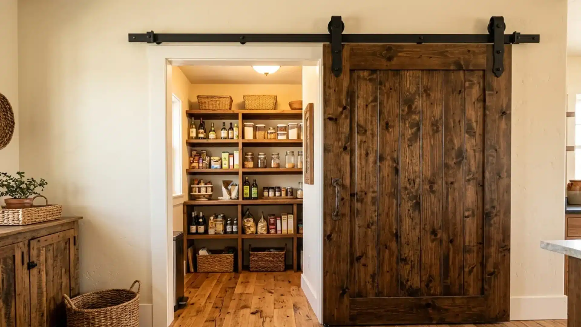 Sliding barn style door mounted on an overhead track beside a pantry room entrance