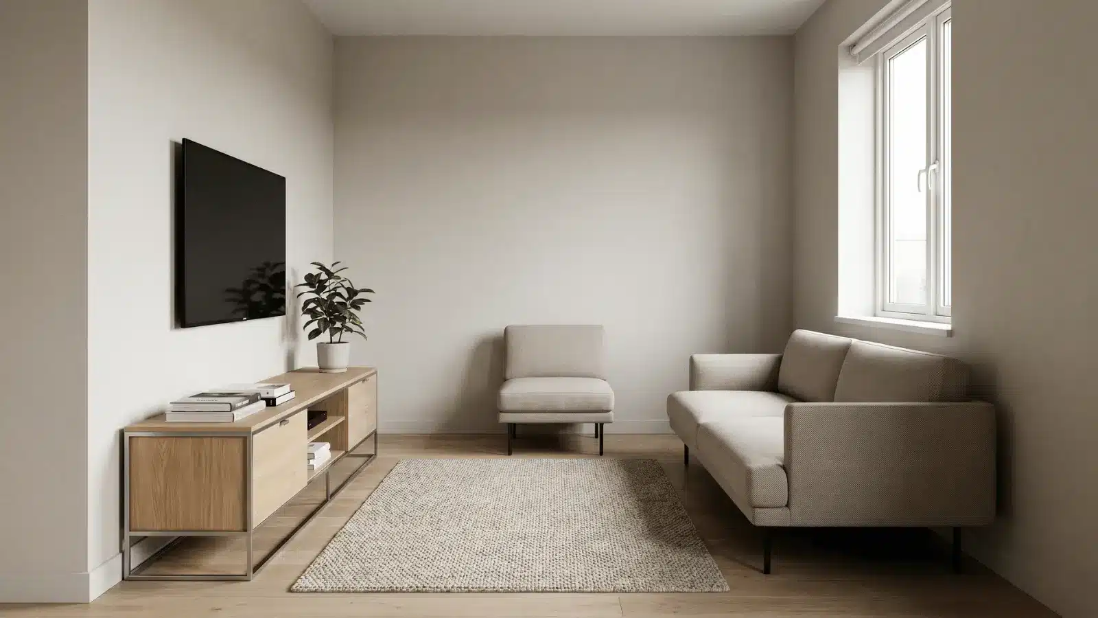 Living room with wall mounted TV and slim media console below with storage compartments