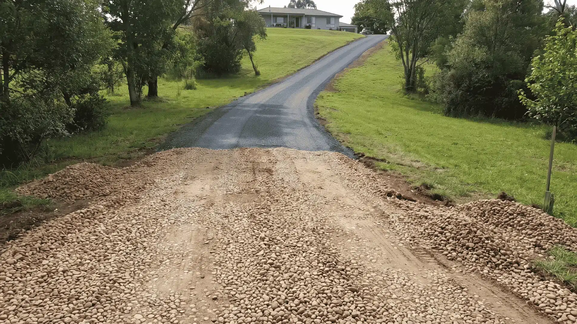 Sloped driveway comparing loose clean stone with stable compacted crusher run.