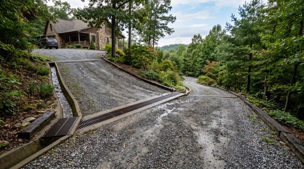 Sloped gravel driveway with drainage channels leading through a wooded landscape to a stone home.