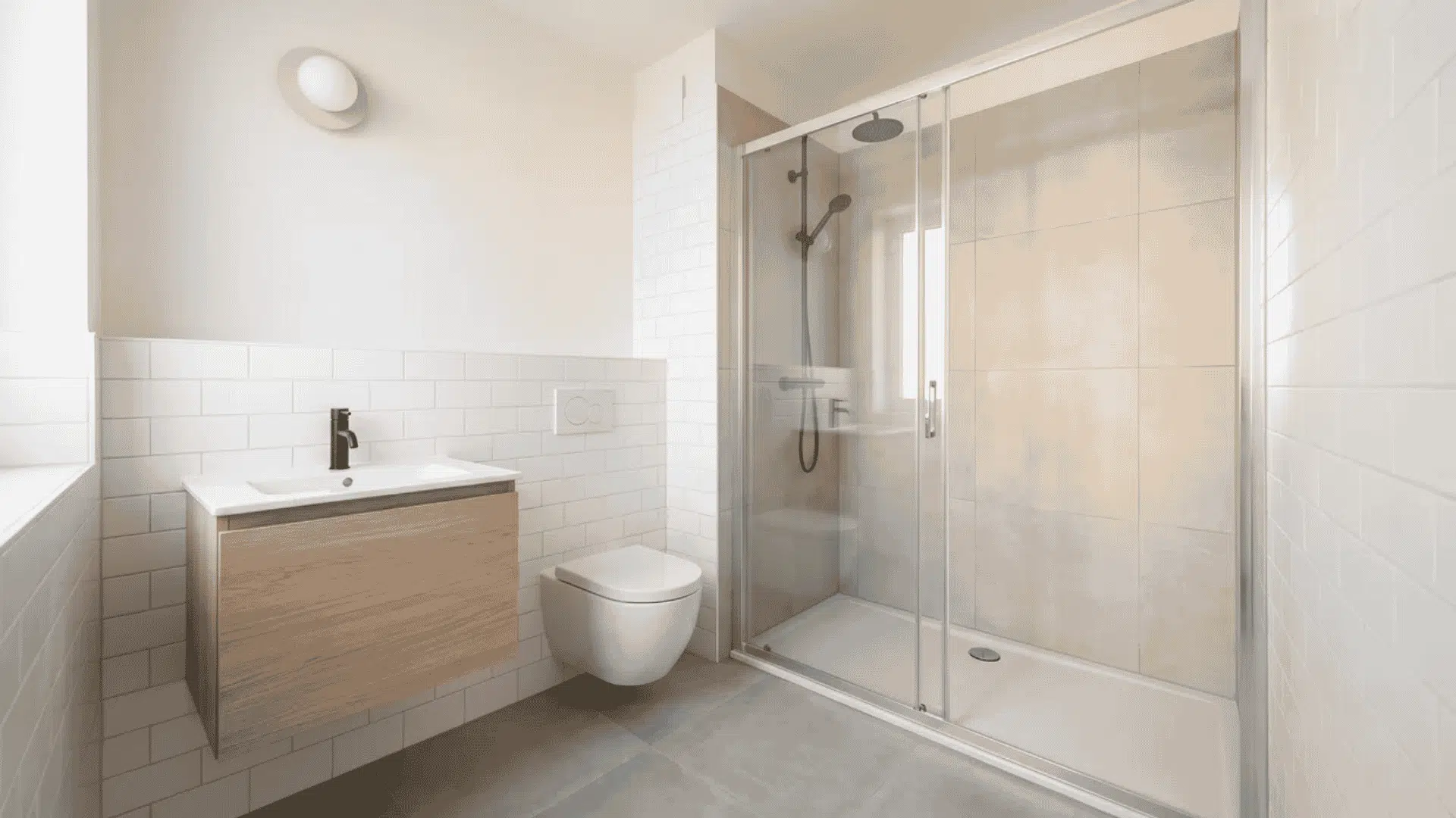Small modern bathroom with wood vanity, wall-mounted toilet, and glass shower doors