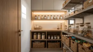 Small kitchen pantry with organized shelves, storage containers, and baskets