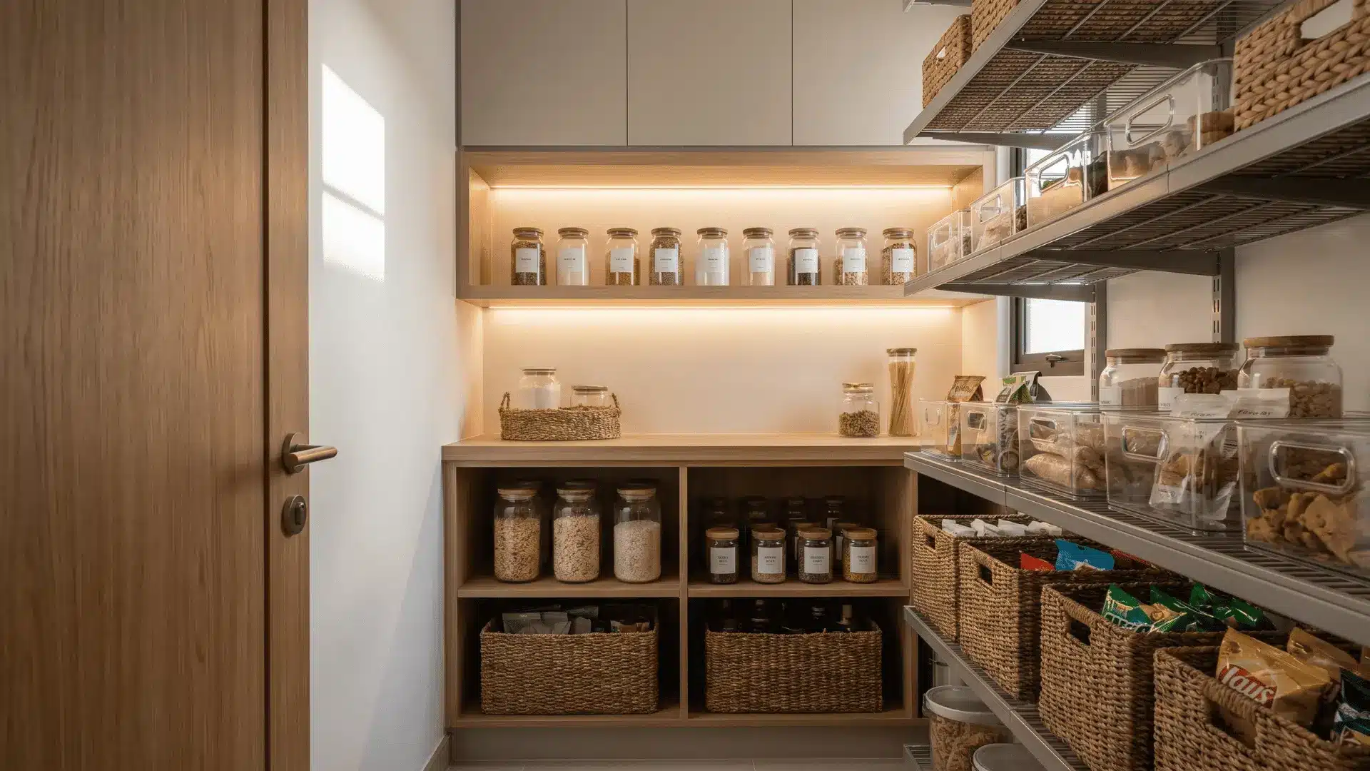 Small kitchen pantry with organized shelves, storage containers, and baskets