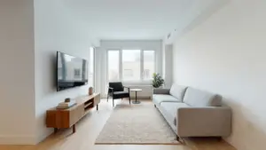 Small living room with wall-mounted TV, sofa, accent chair, and open floor space