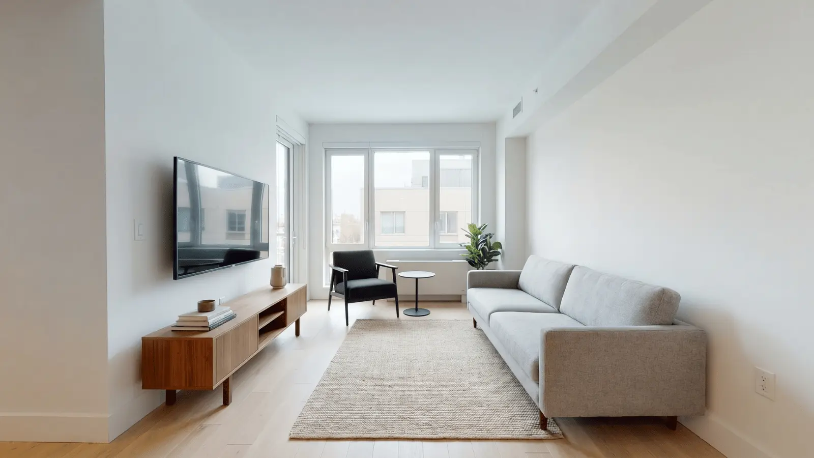 Small living room with wall-mounted TV, sofa, accent chair, and open floor space