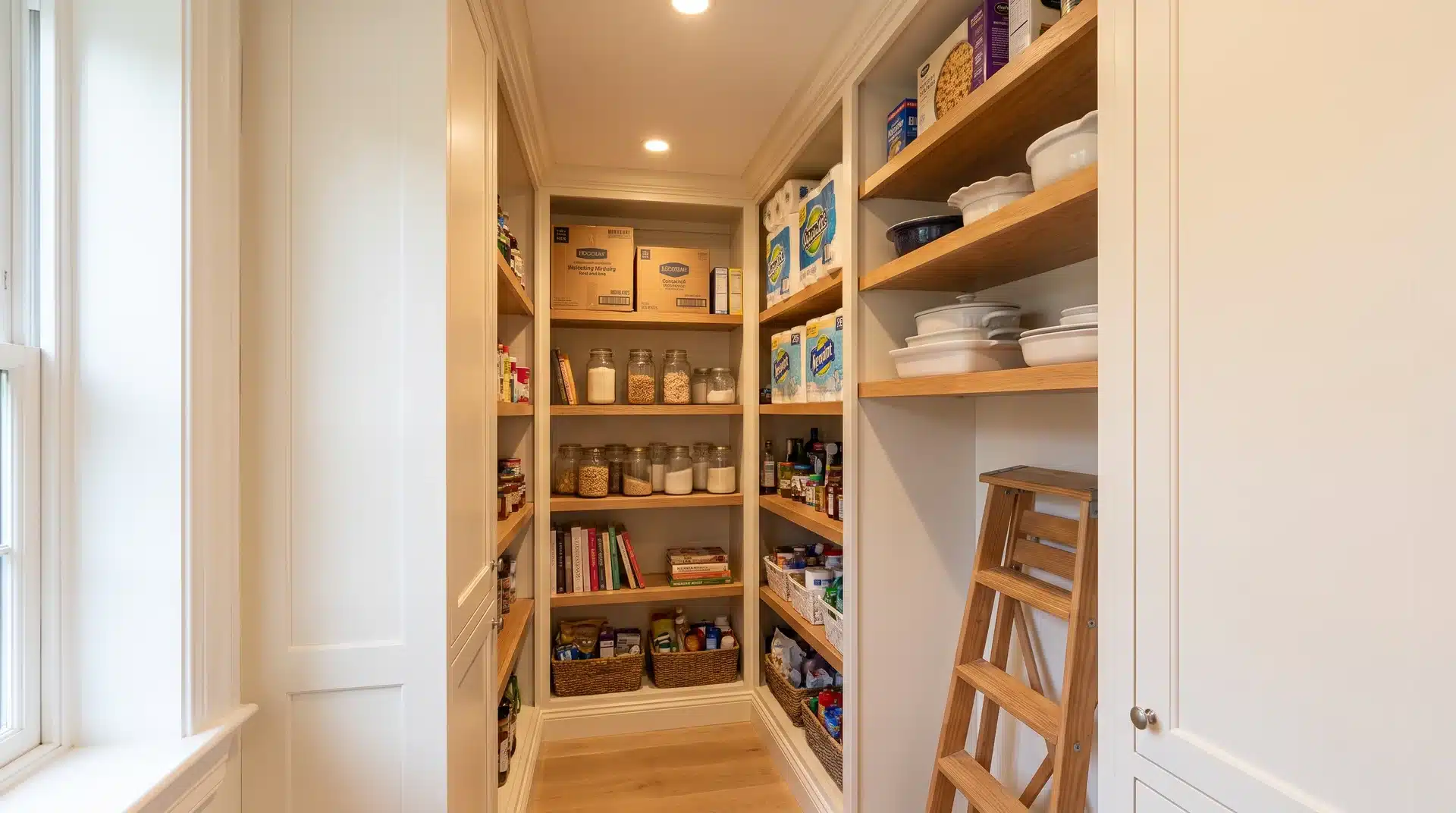 Small pantry with floor-to-ceiling shelves and upper storage