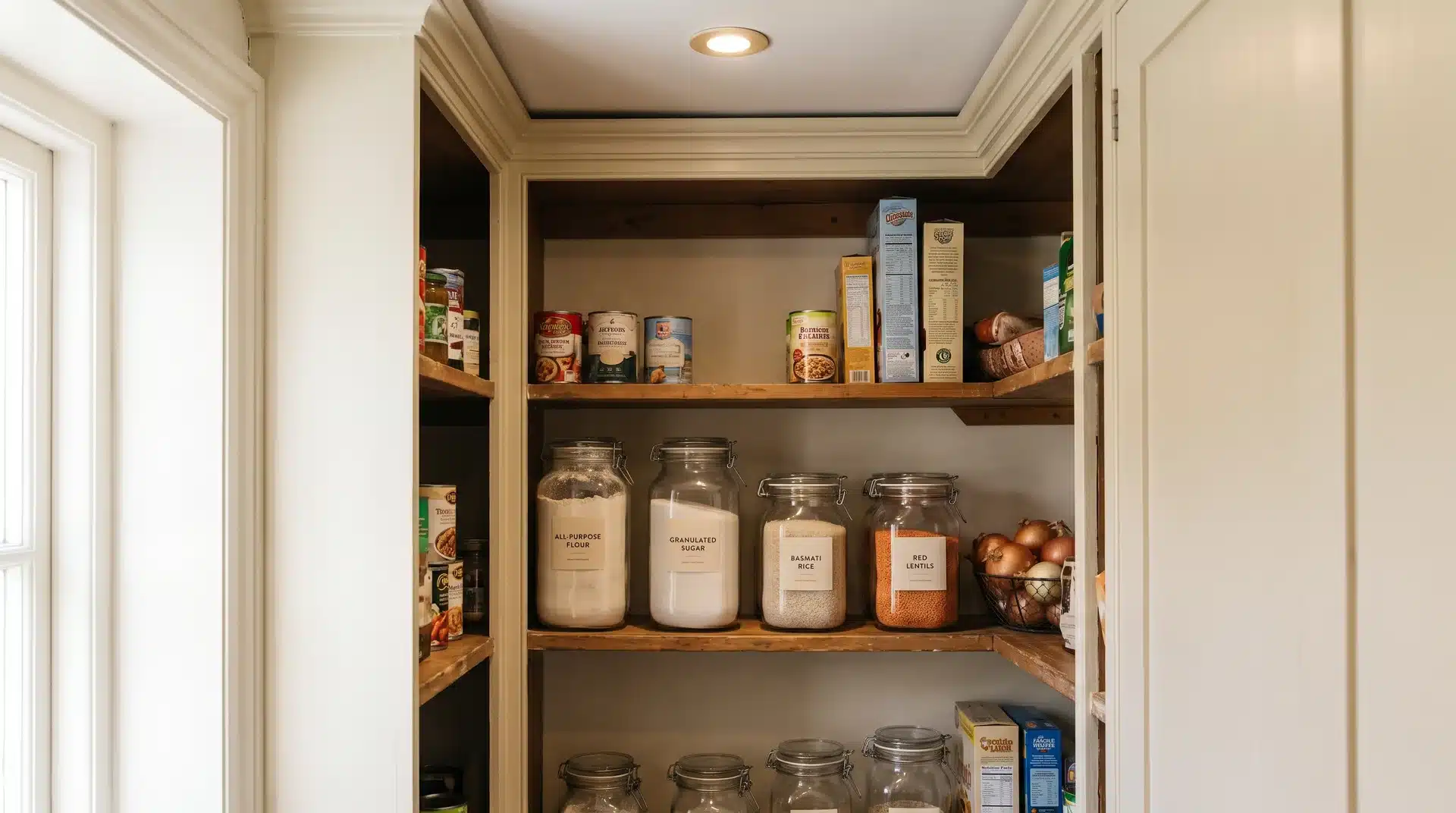 Small pantry with labeled containers keeping dry goods in organized places