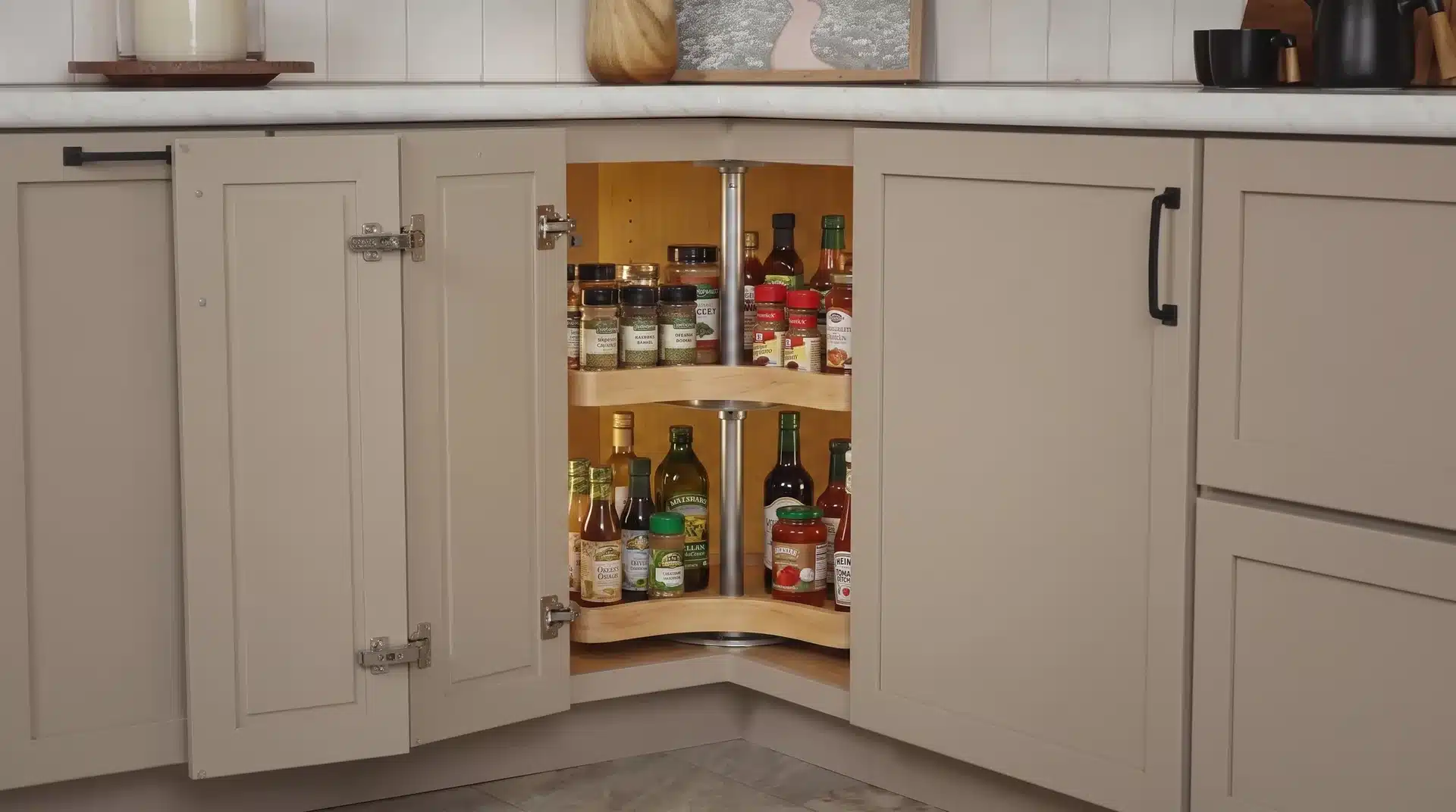 Small corner cabinet with integrated wooden Lazy Susan shelves for spices and condiments