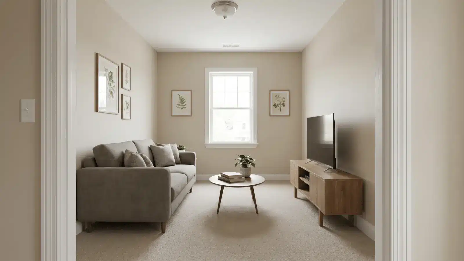 Small living room with sofa, coffee table, television stand, and framed wall art