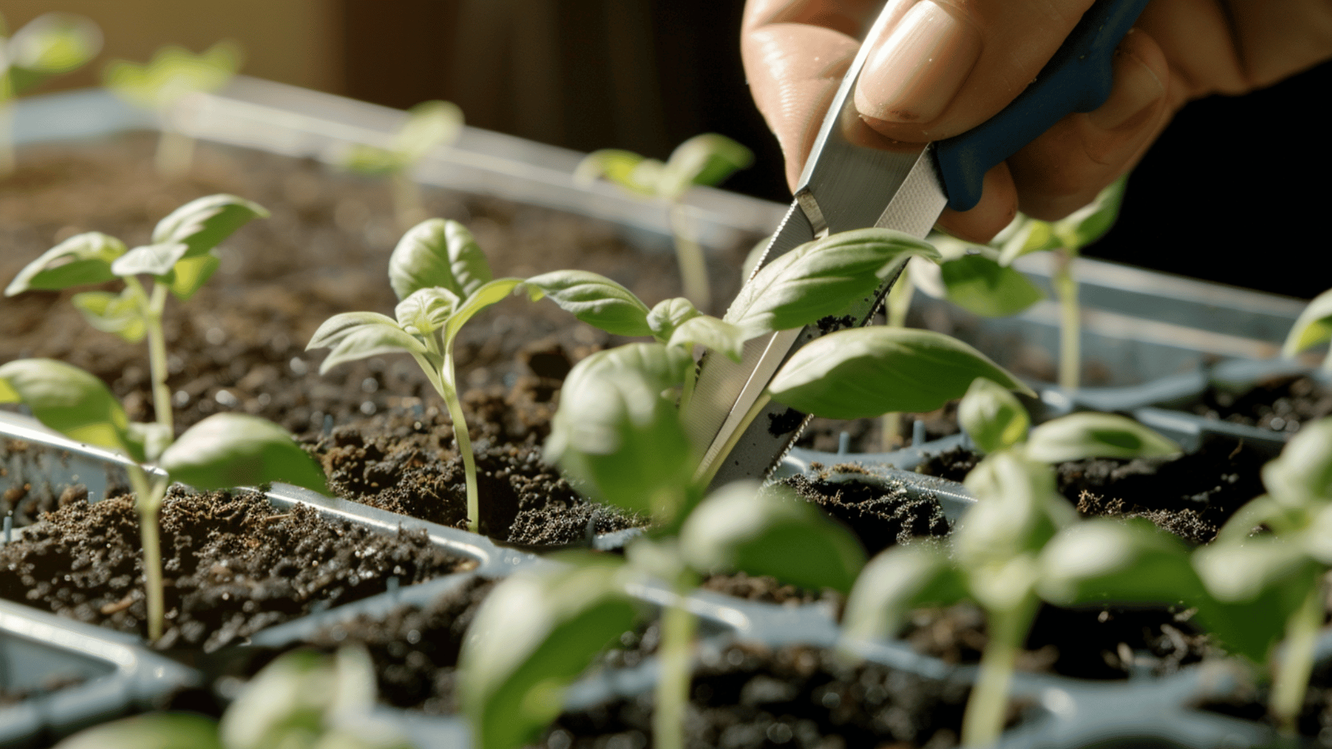 small scissors trimming crowded basil seedlings in a seed tray to improve spacing and encourage stronger growth