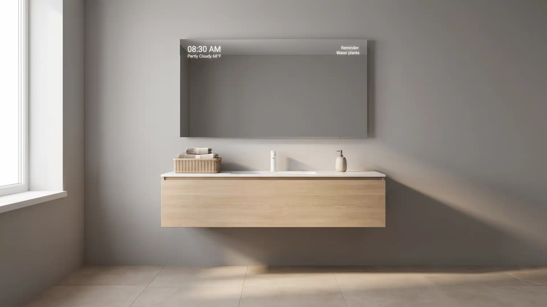 Modern bathroom vanity with smart mirror showing subtle time and weather display in a clean minimal bathroom setting