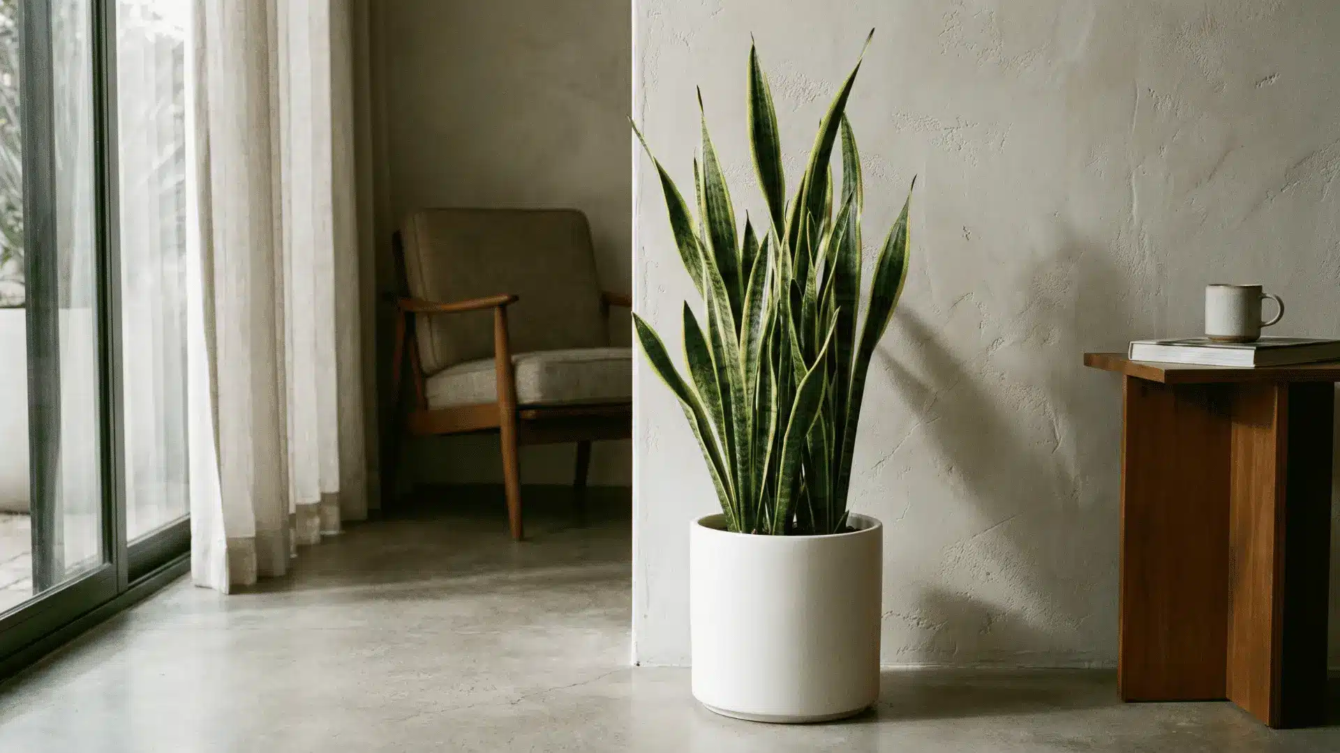 Snake plant standing upright in a low-light indoor space.