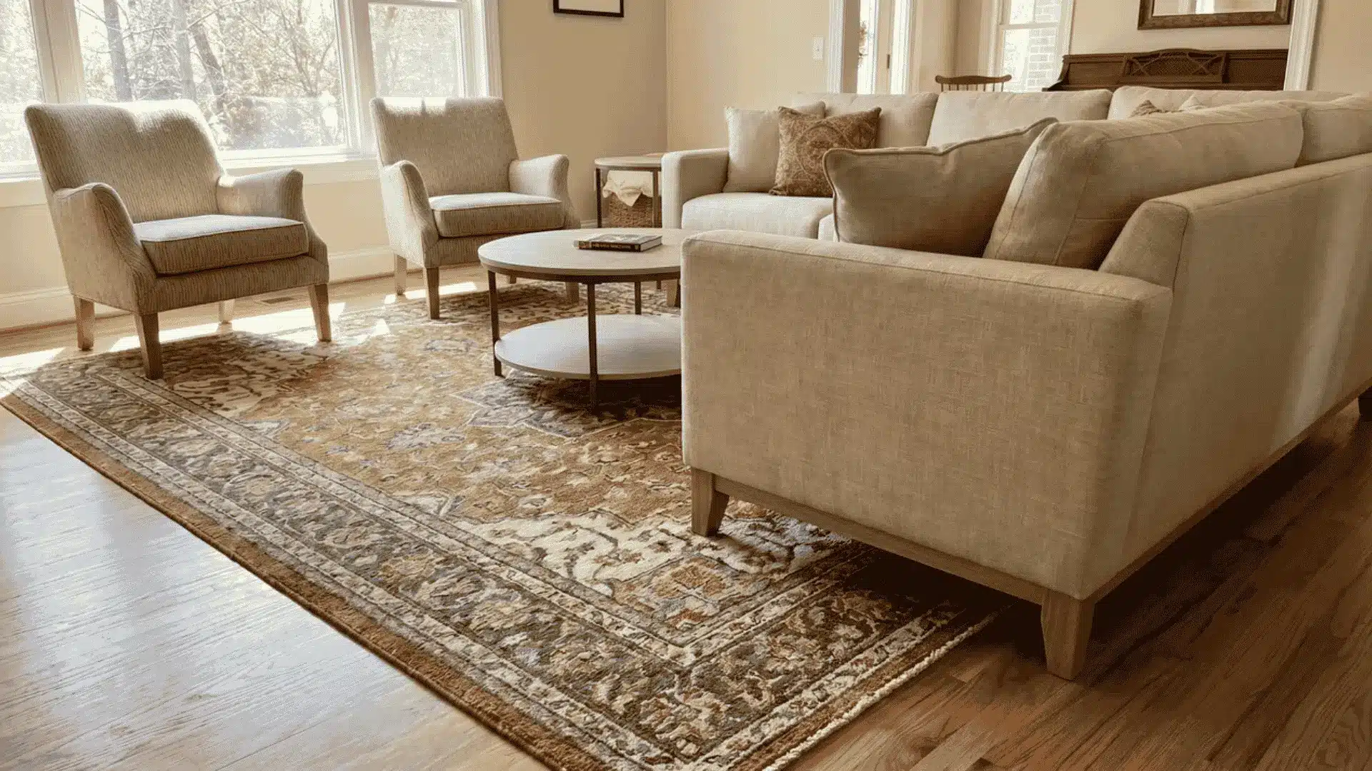 Living room with beige sectional sofa, two armchairs, round coffee table, patterned rug, hardwood floor, and large windows