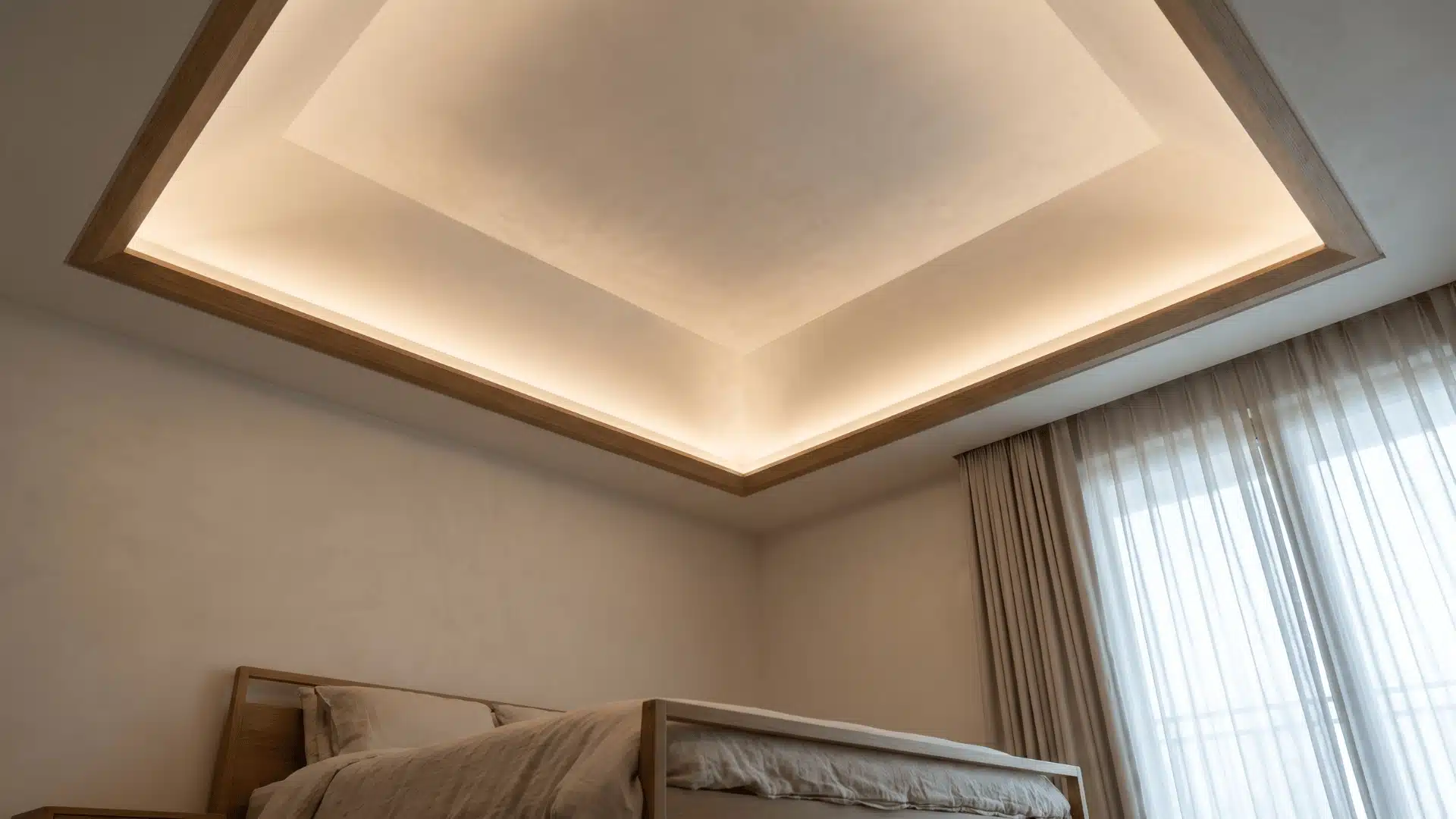 Soft fade tray ceiling with lighting gradually decreasing across recessed ceiling surface.