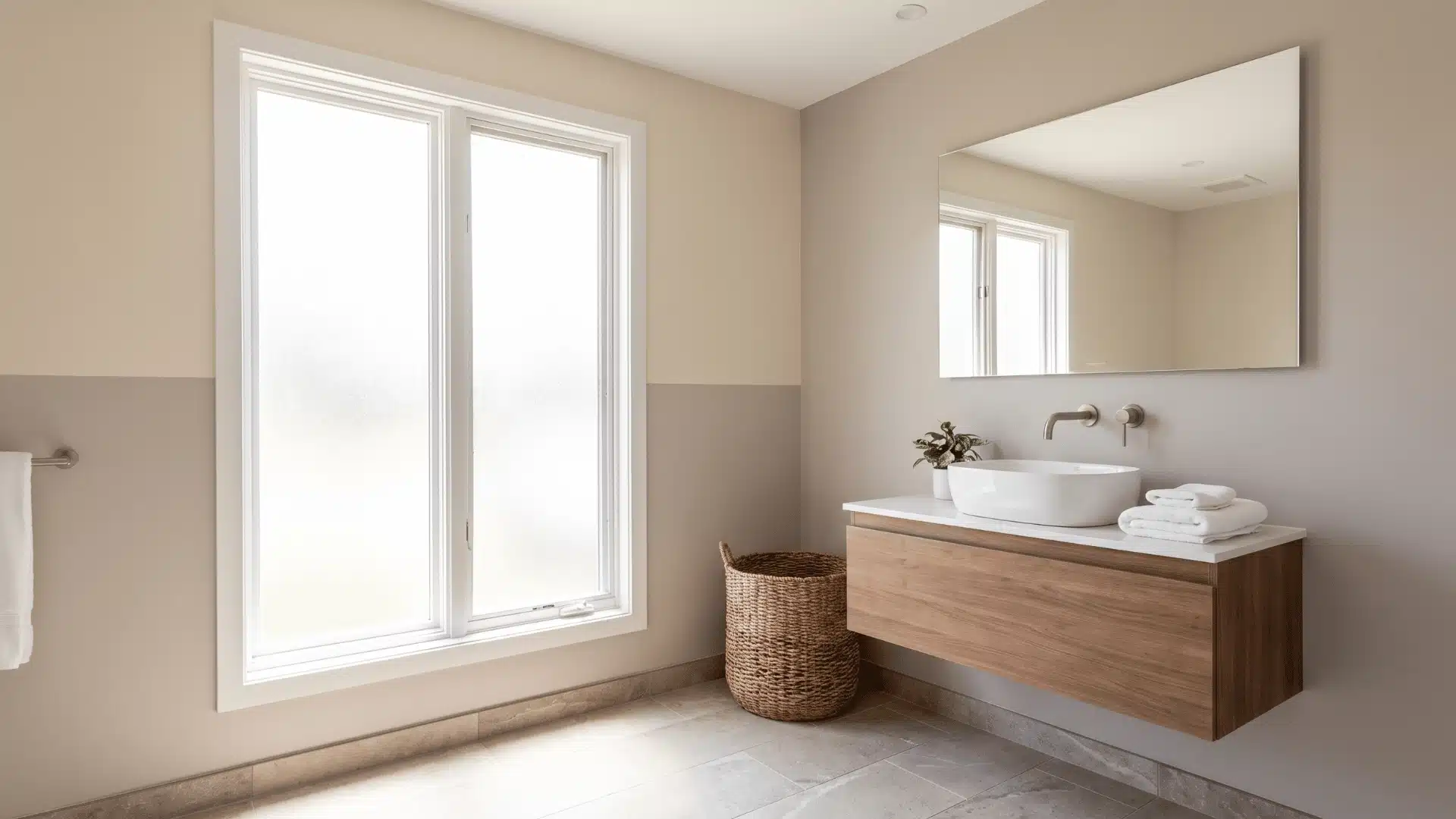 Bathroom with soft neutral wall colors creating calm spacious feel