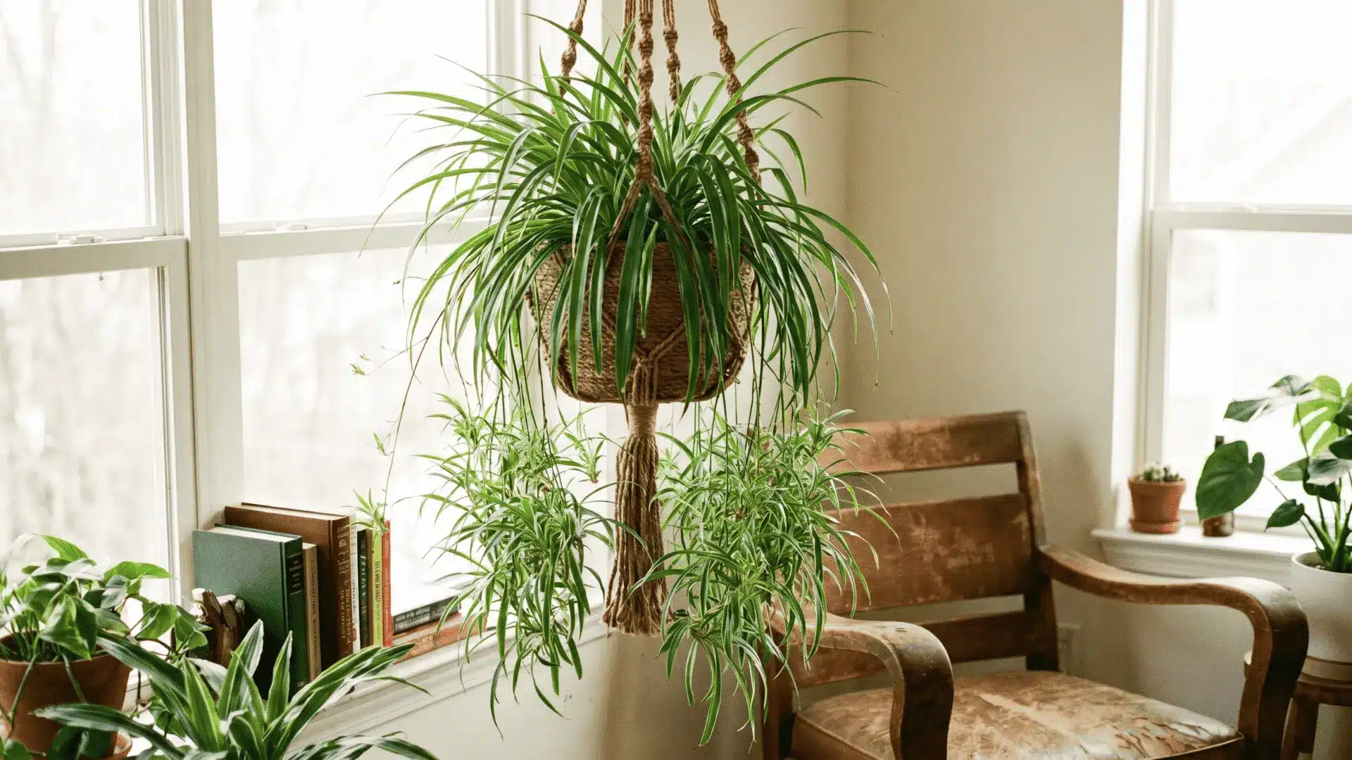 Spider plant with hanging plantlets in indoor basket.