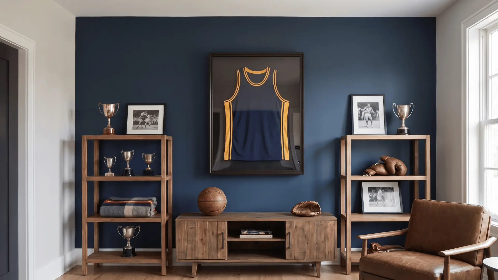 Organized sports memorabilia display with a framed jersey and collectibles in a men’s room