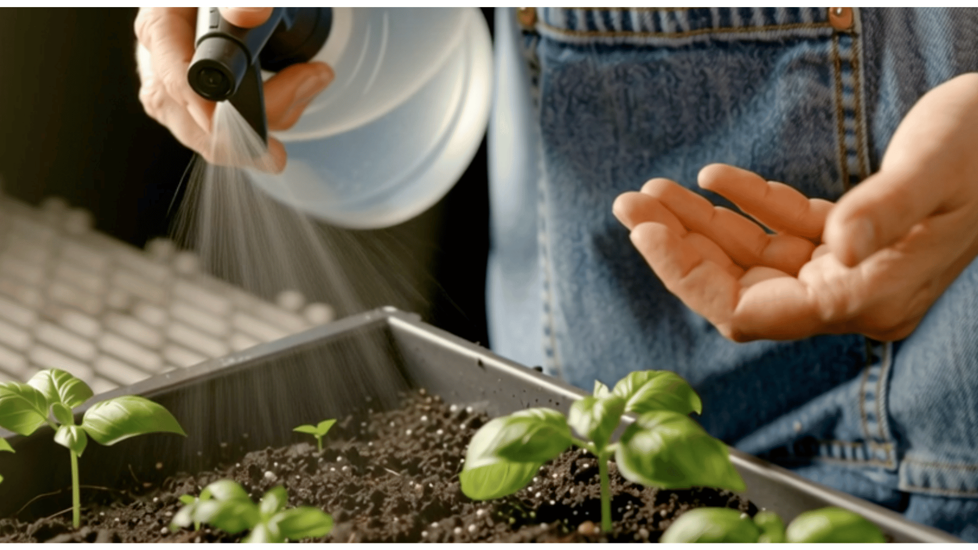 spray bottle lightly watering basil seedlings in moist soil tray with gentle mist for healthy early growth indoors