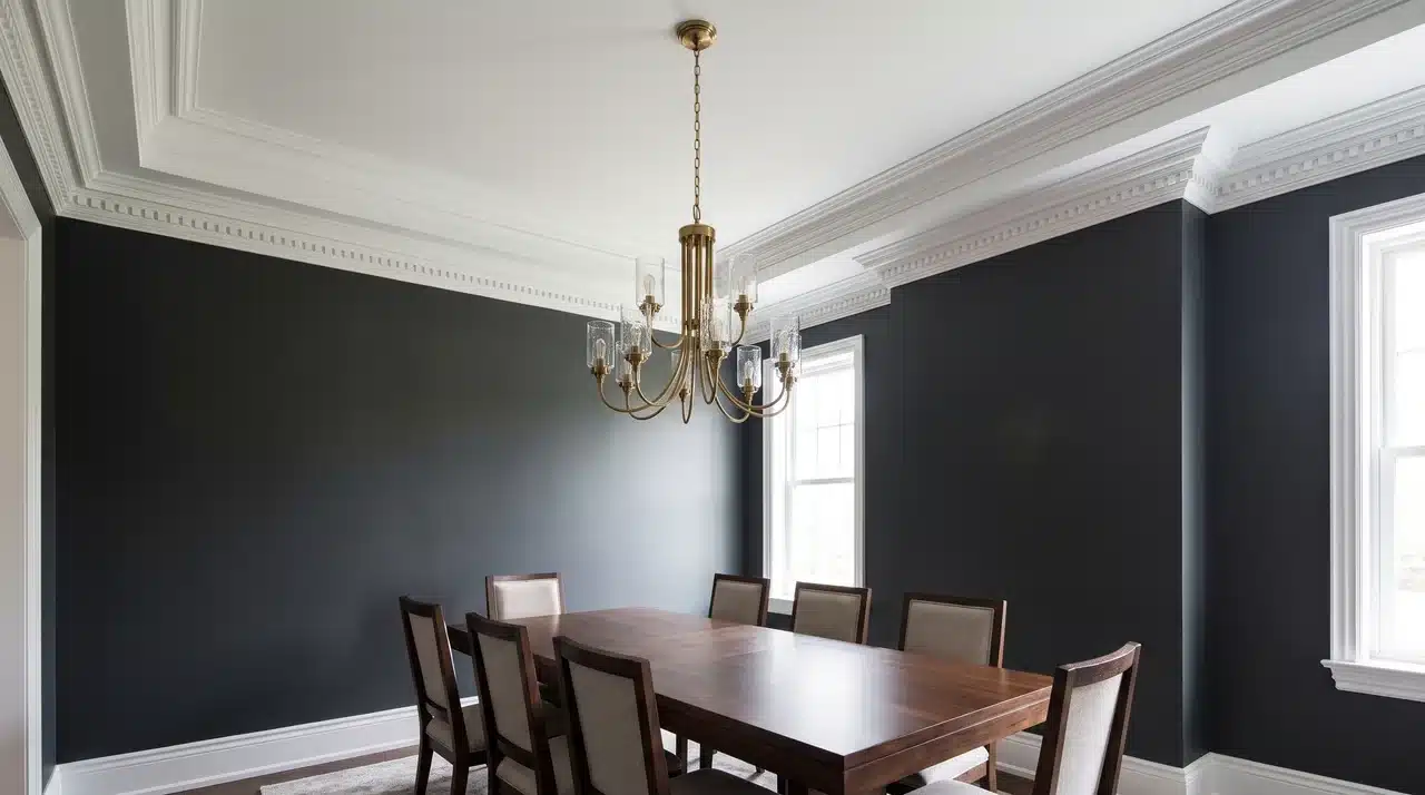 Formal dining room with 11-foot ceilings and dramatic stacked white crown molding cornice against deep charcoal painted walls.