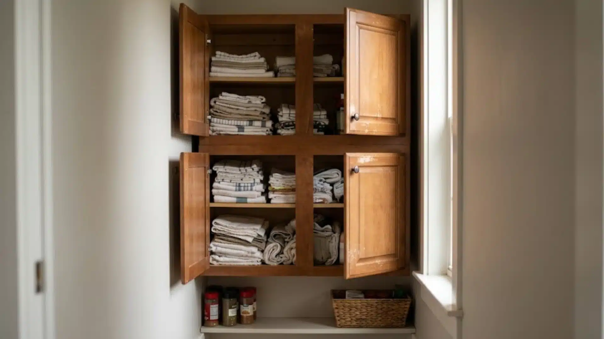 Wall mounted cabinets stacked above a narrow pantry shelf holding kitchen supplies
