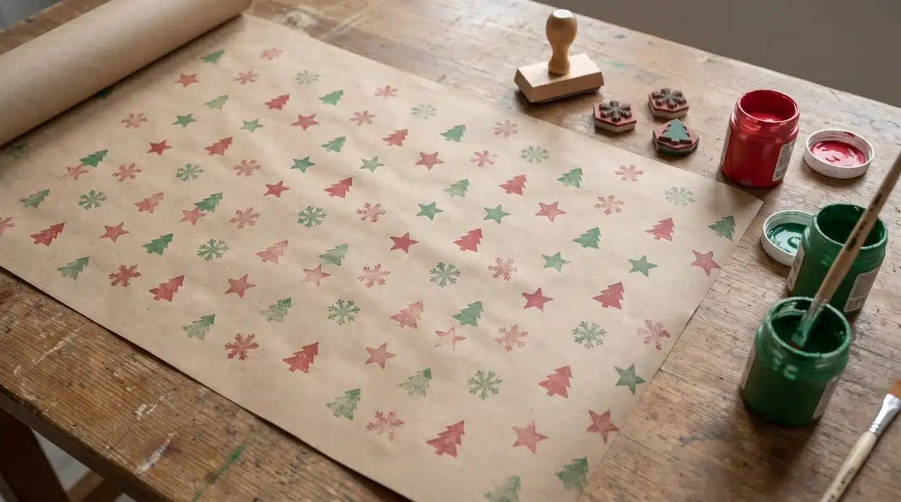 Hand stamped wrapping paper with holiday shape patterns