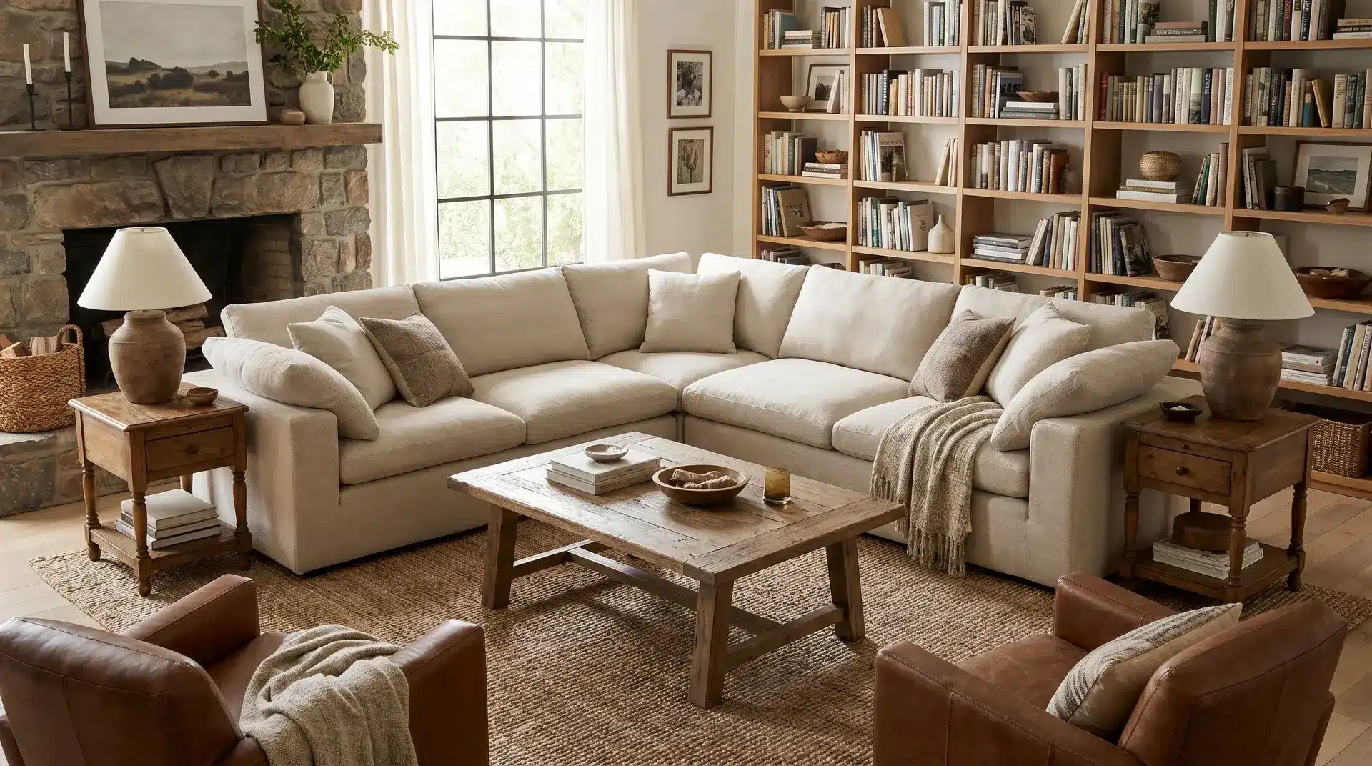 Sectional sofa as the main centerpiece in a large living room with balanced furniture arrangement.