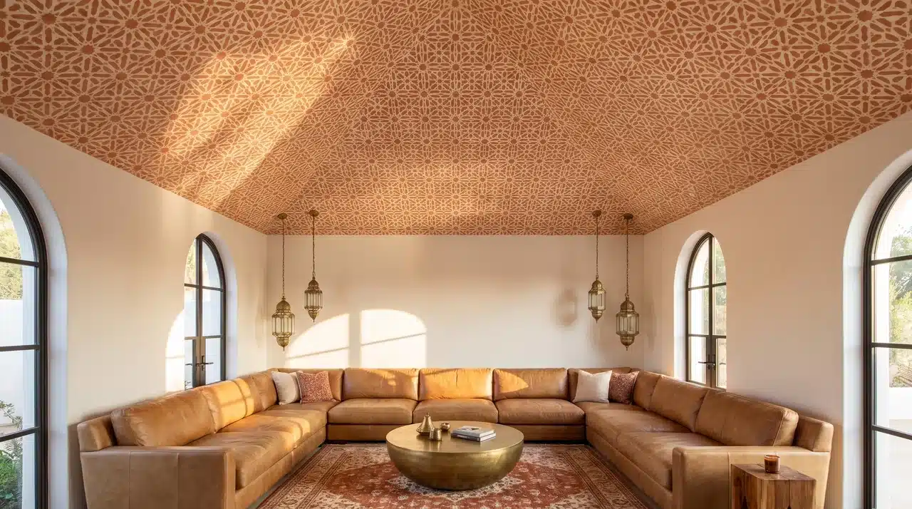 Vaulted ceiling covered in a repeating Moroccan geometric stencil pattern in tonal terracotta on ivory, raking afternoon light revealing every edge, warm living room.