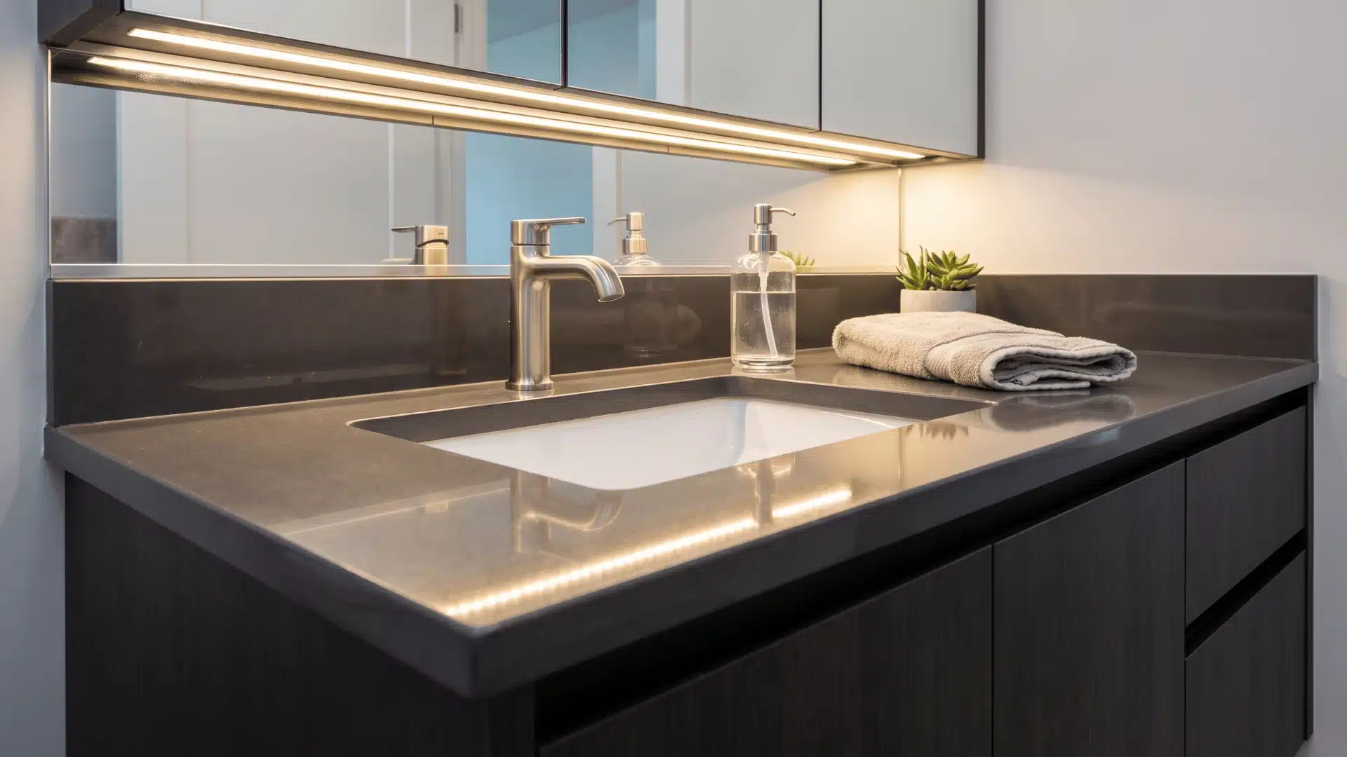 Stone countertop bathroom vanity with durable polished finish