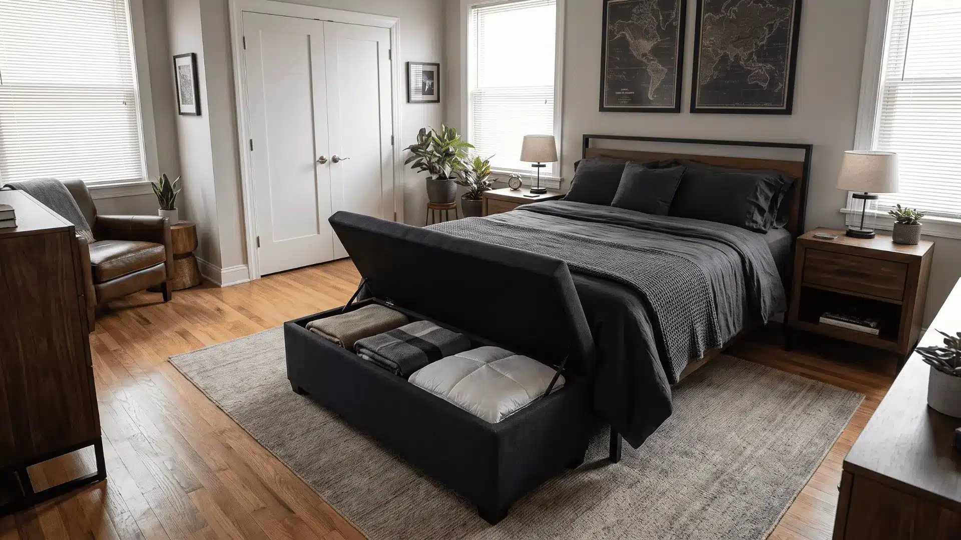 Men’s bedroom with an open storage bench holding folded bedding at the foot of the bed