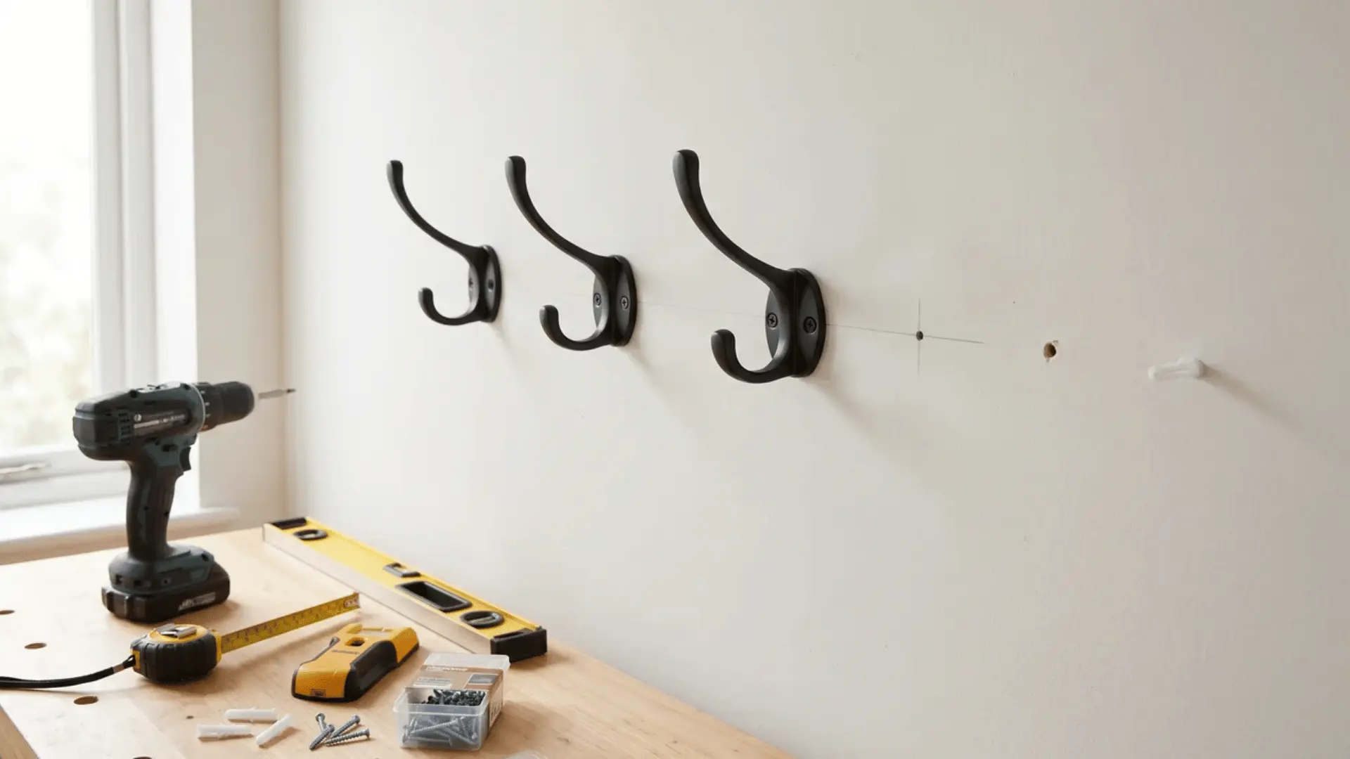 Wall hooks partly installed in a straight row with drill, level, measuring tape, screws, anchors, and stud finder nearby