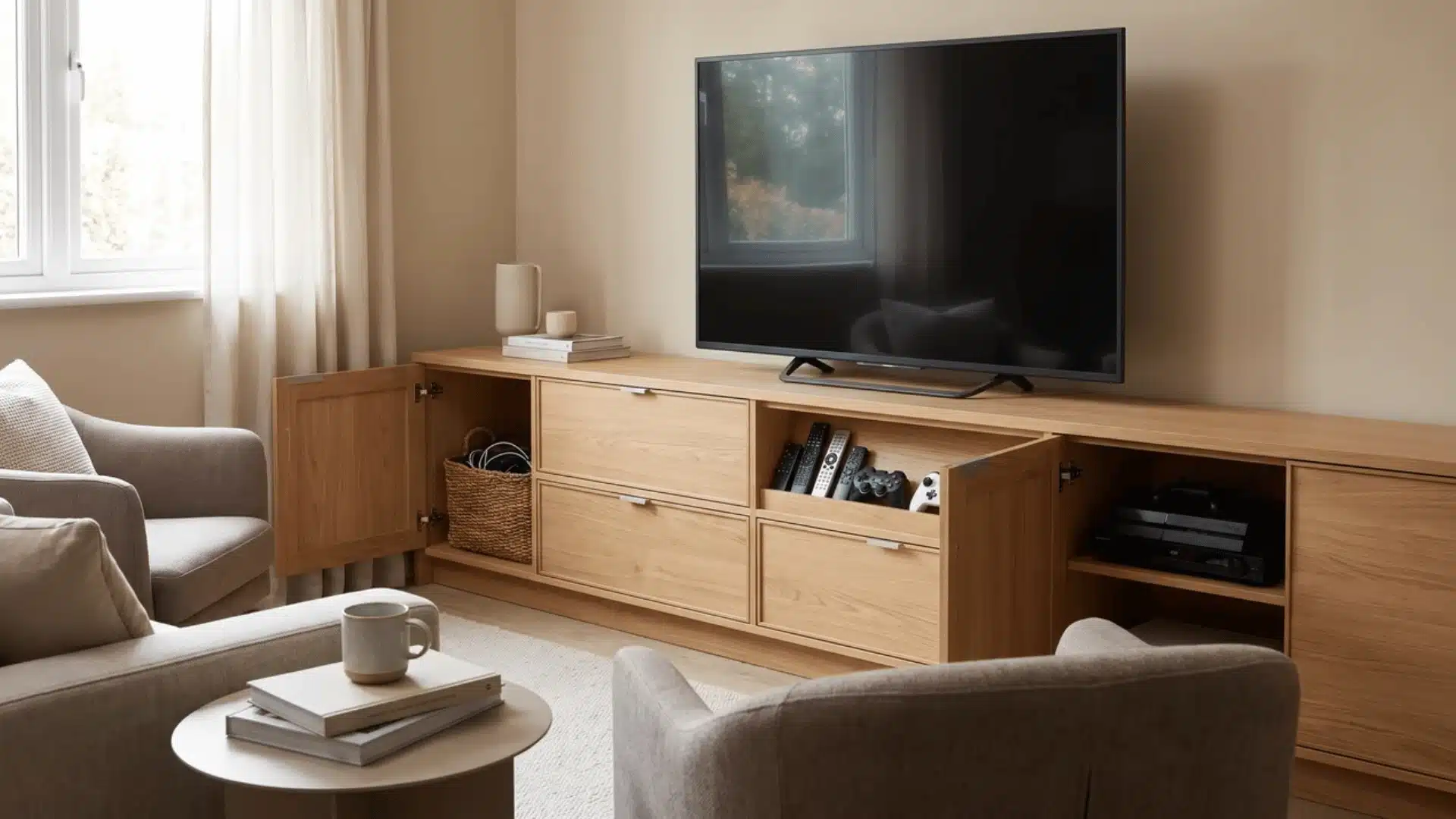 Low-profile TV stand with drawers and cabinets storing electronics in a small living room