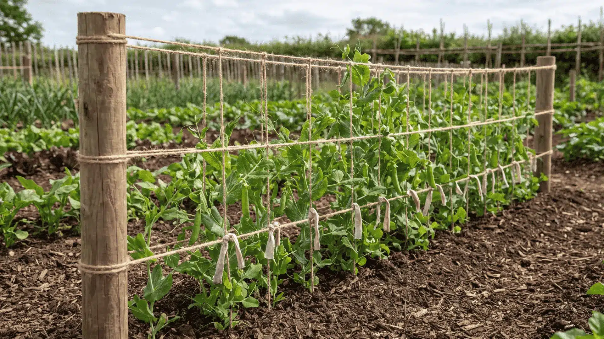 String grid stretched between wooden stakes supporting peas and beans in a vegetable garden.
