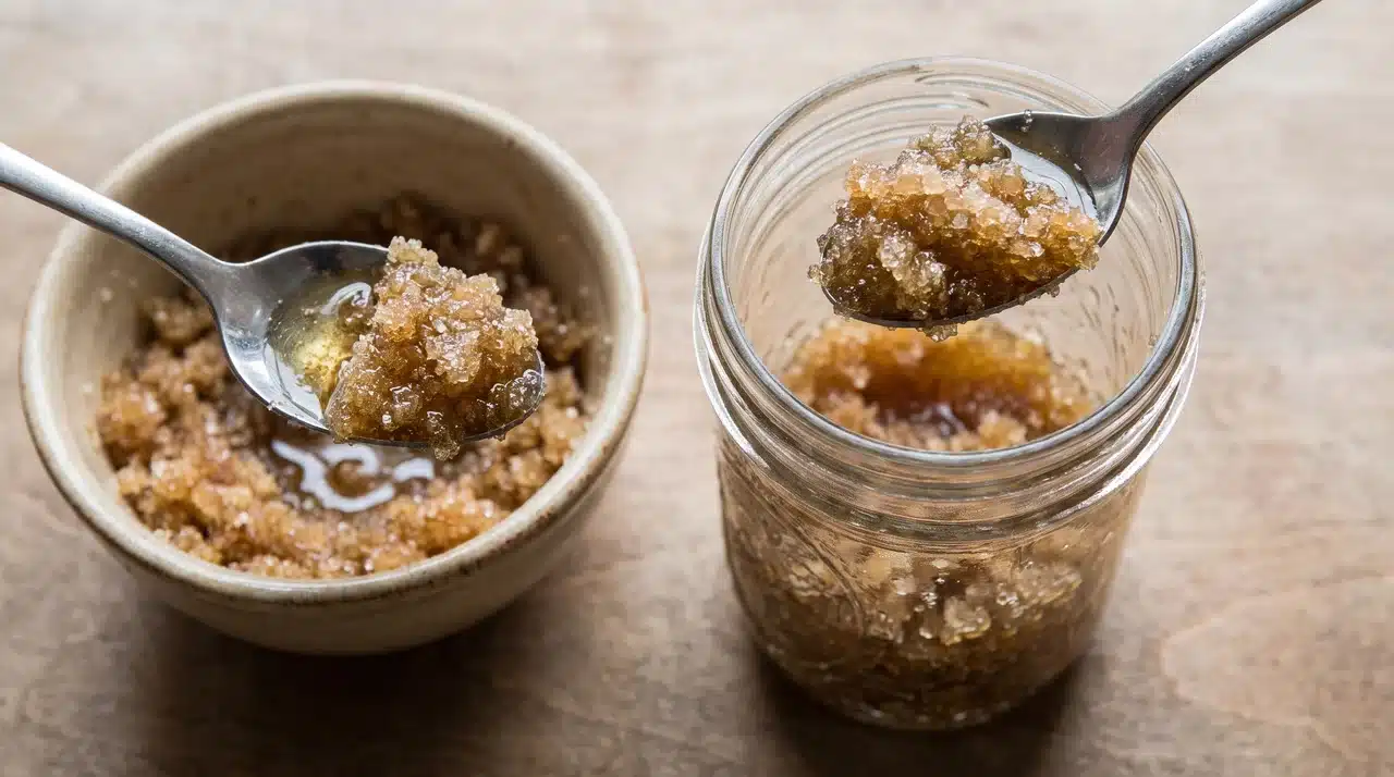 Sugar scrub mixture being transferred from a bowl into a small clean glass jar