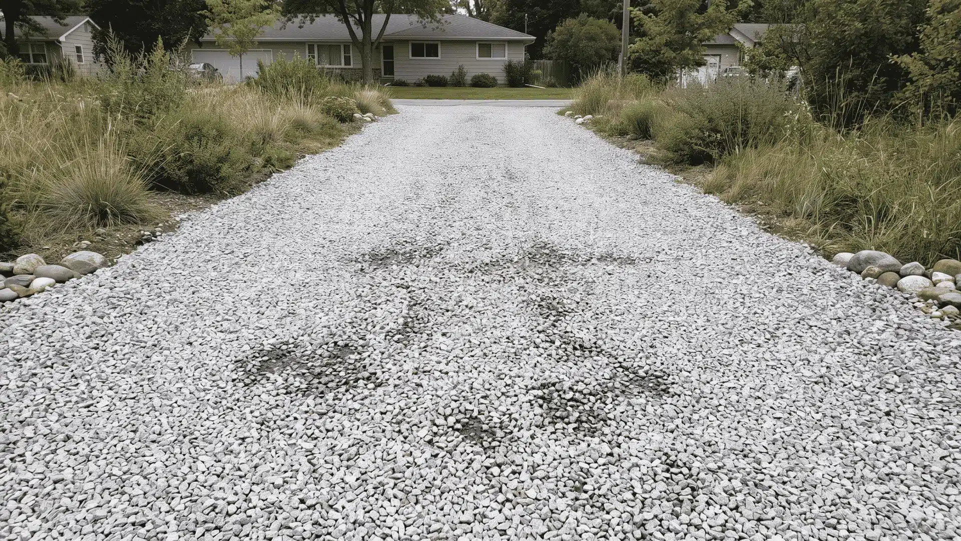 Clean crushed stone surface providing drainage and traction on a residential gravel driveway.