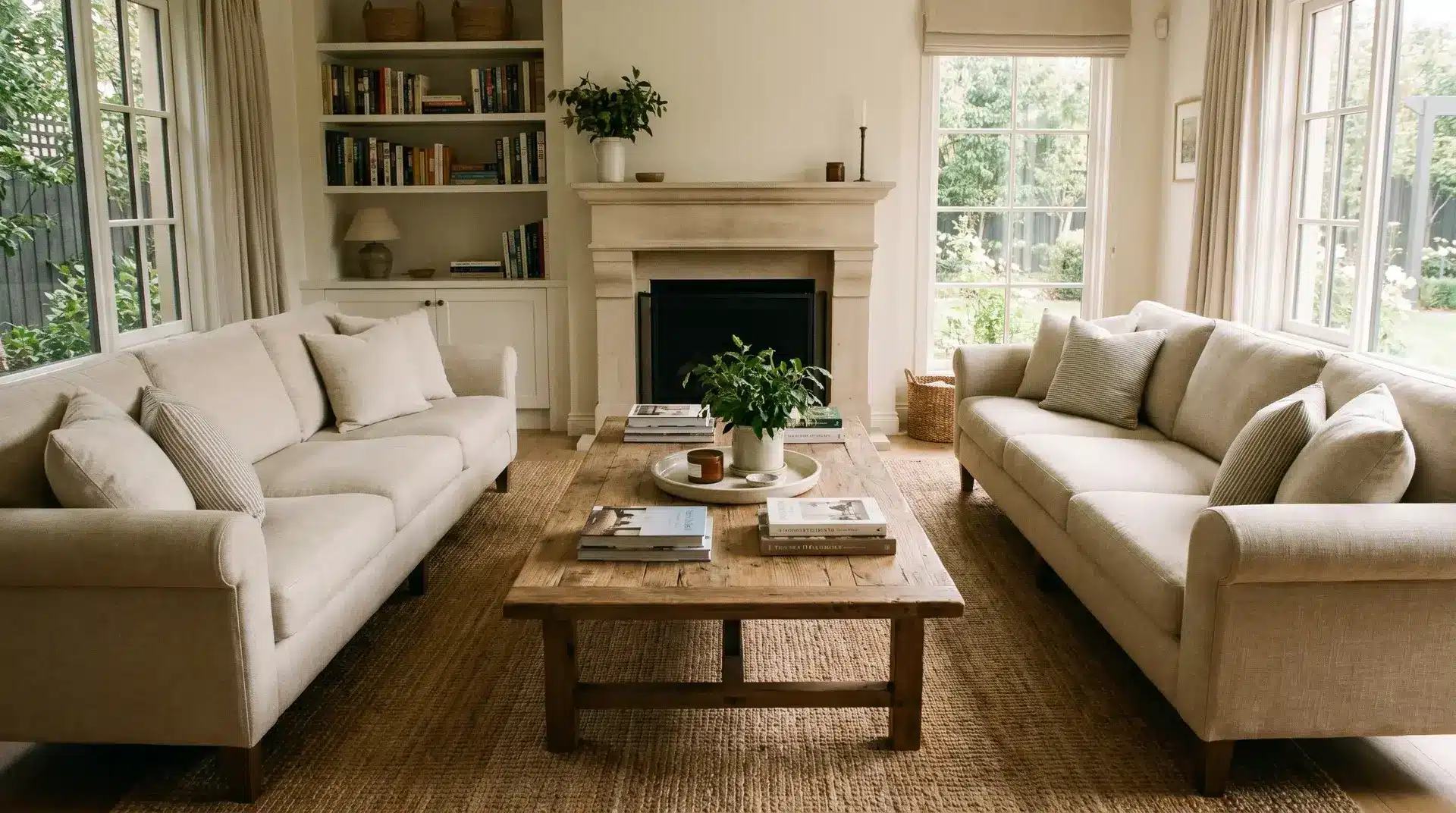 Living room with symmetrical sofas facing a central coffee table for easy conversation and balanced layout.