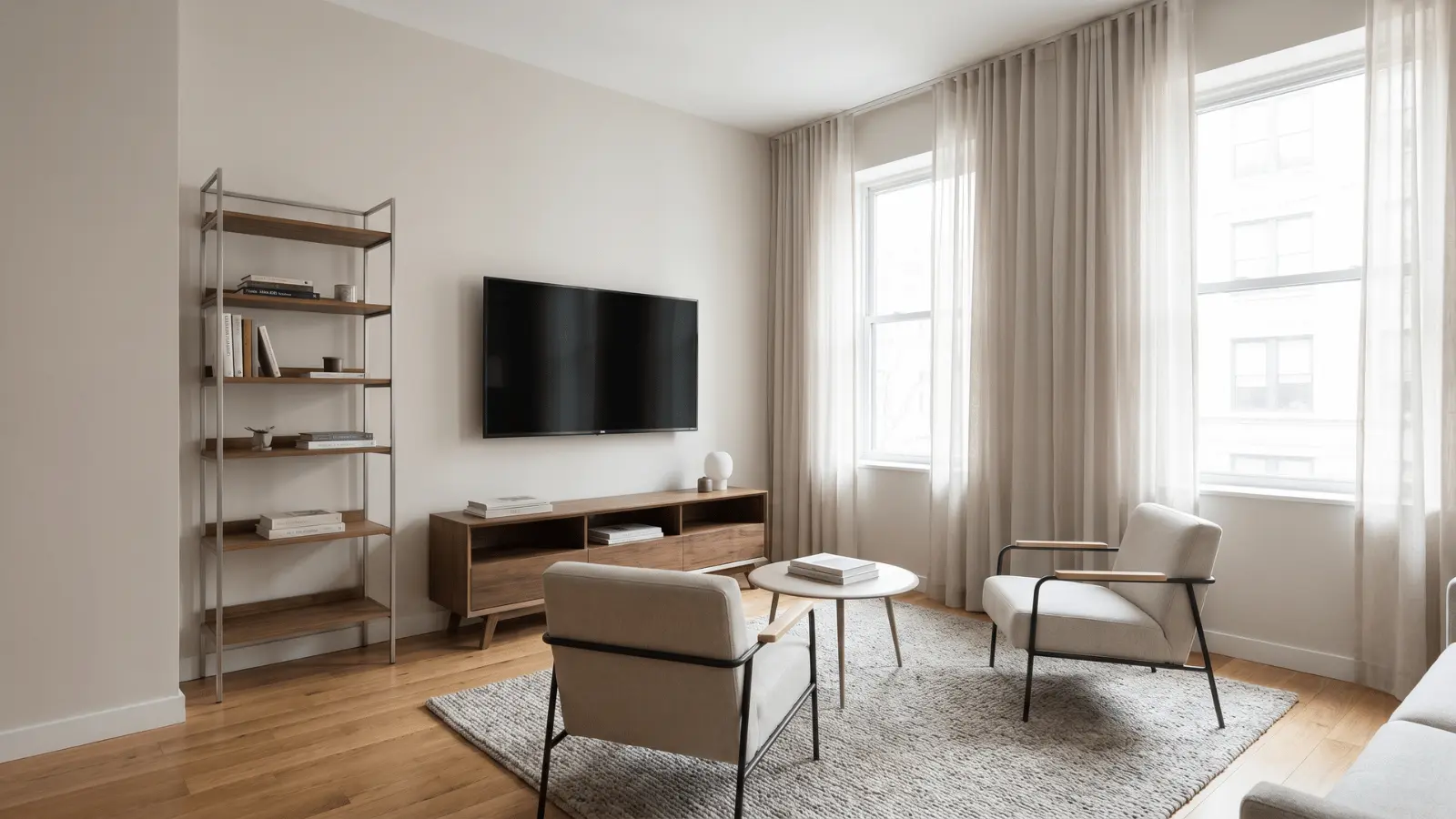 Living room with tall vertical shelving beside a wall mounted TV and media console